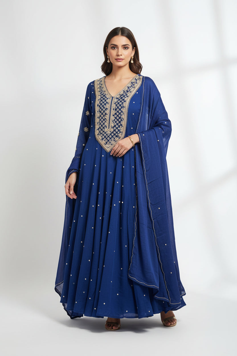 Royal blue Anarkali Chinnon handwork party ware Kurtha 567