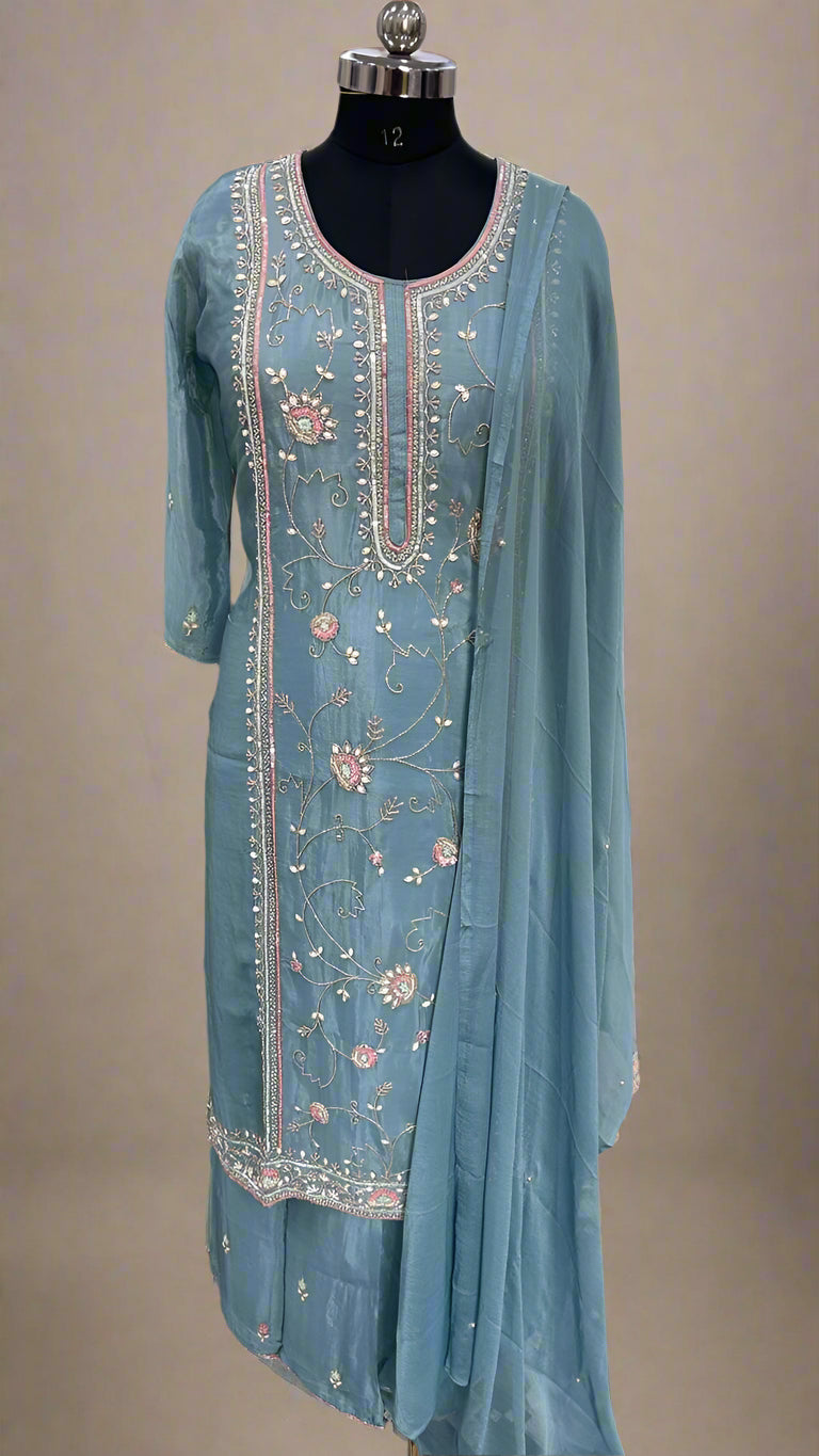 "PARI"  Blue Designer Kurtha 22 Set with Handwork and Palzoo Pant