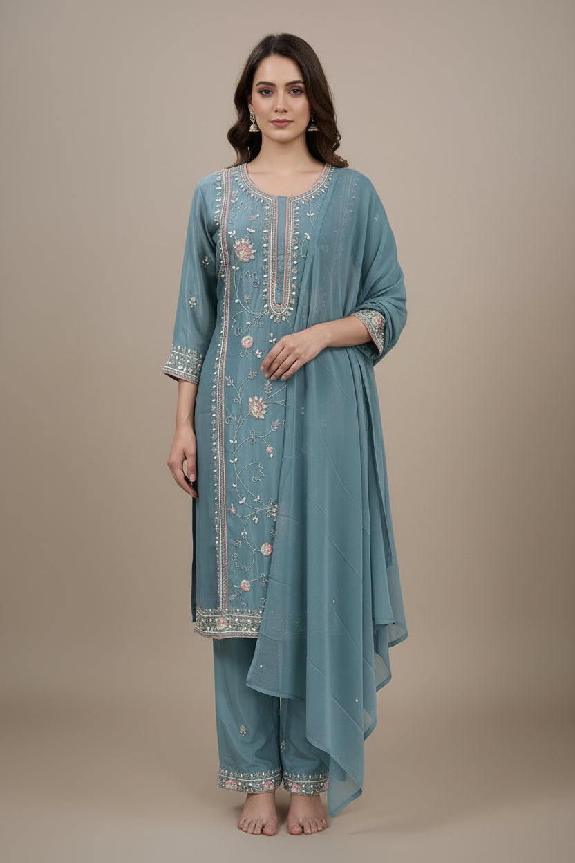 "PARI"  Blue Designer Kurtha 22 Set with Handwork and Palzoo Pant