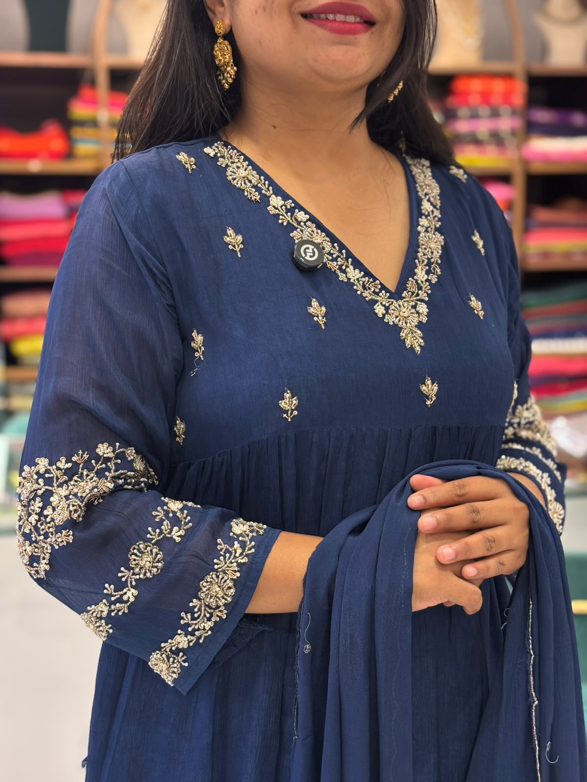 Dark Blue Chinnon Hand Embroidery Airline Kurtha 555