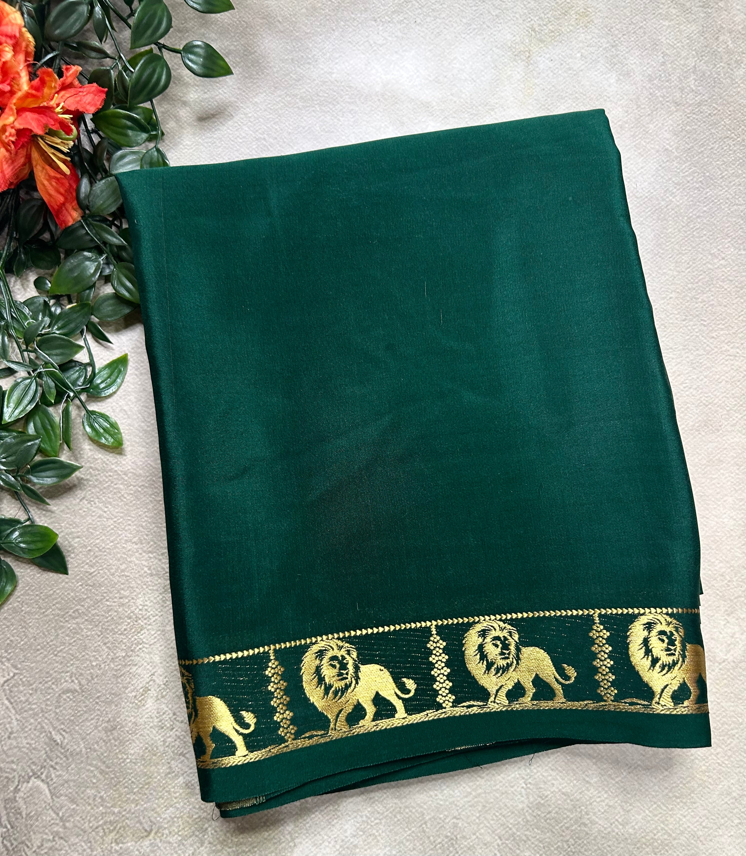 Bottle green lion border pure Mysore silk 105 saree