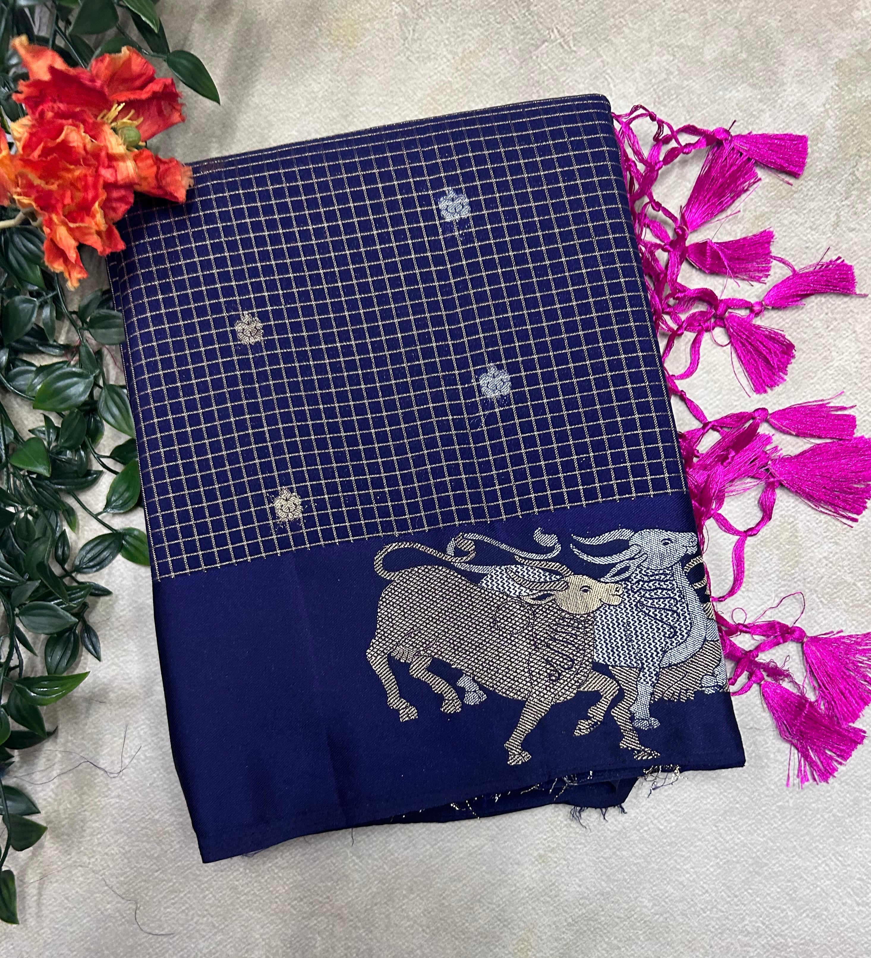 Navy blue small checks semi Mysore crepe saree(SMC106)