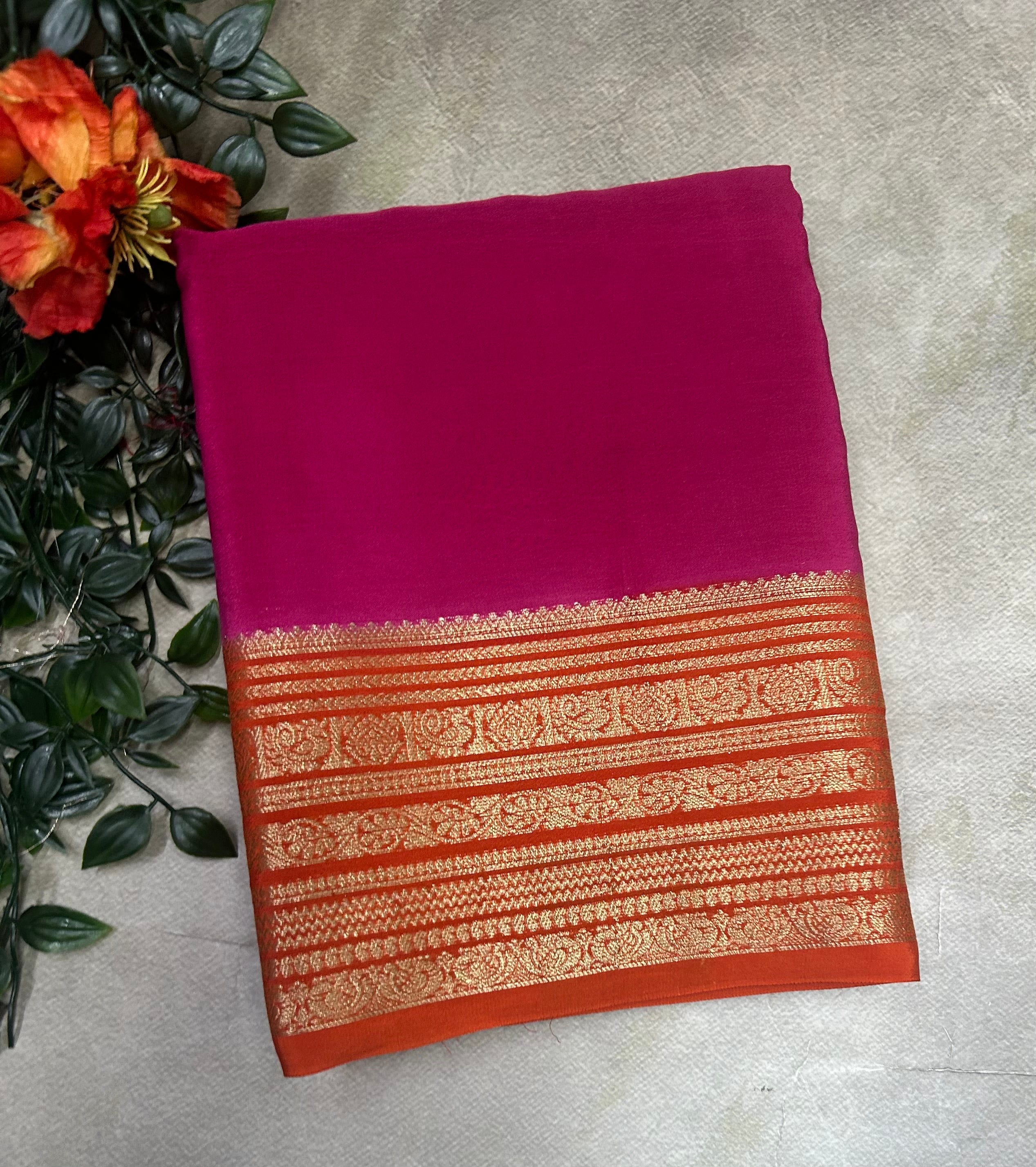 Pink n orange plain semi Mysore crepe silk 105 saree