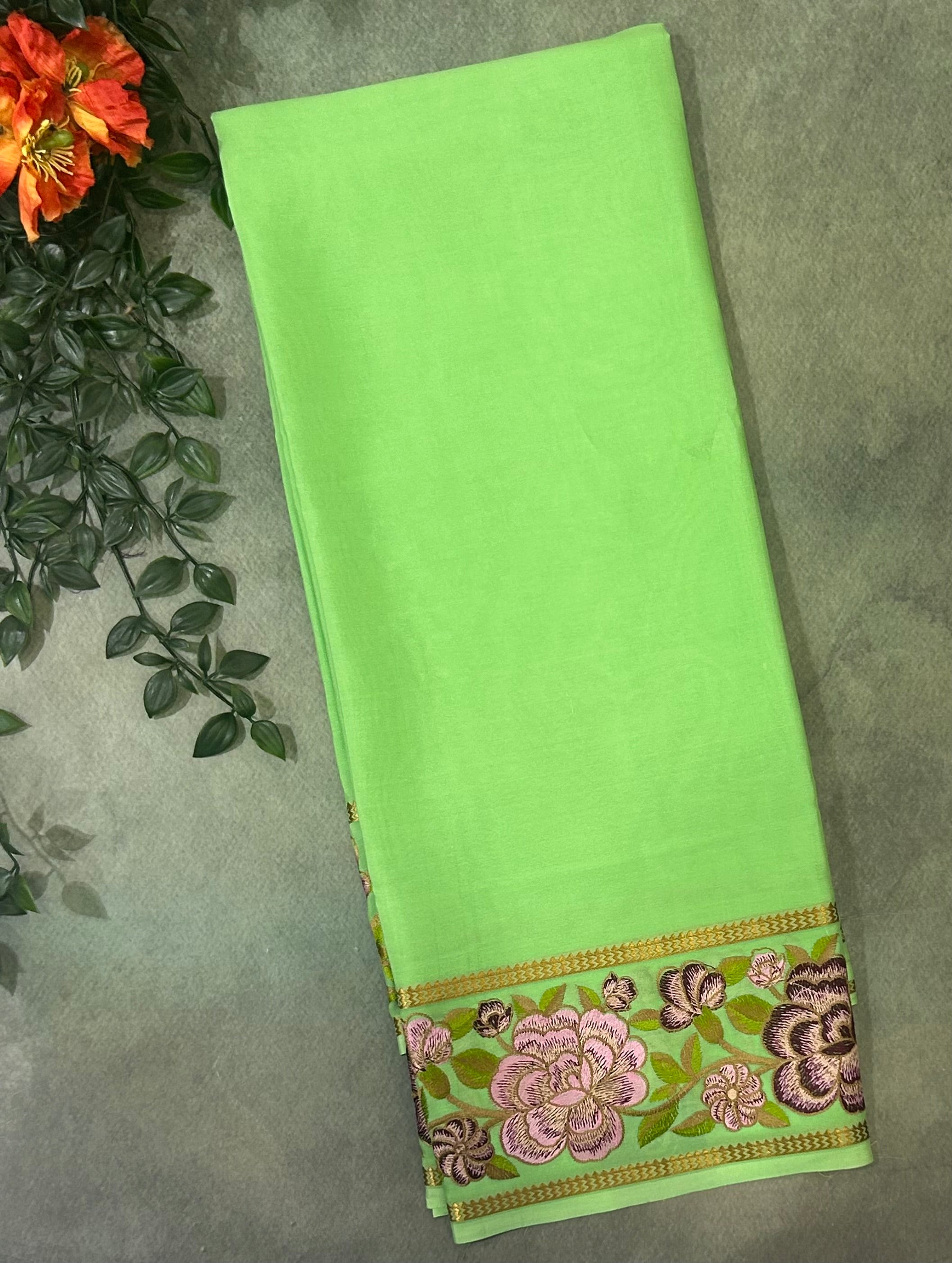 Light green embroidery pure Mysore crepe silk saree