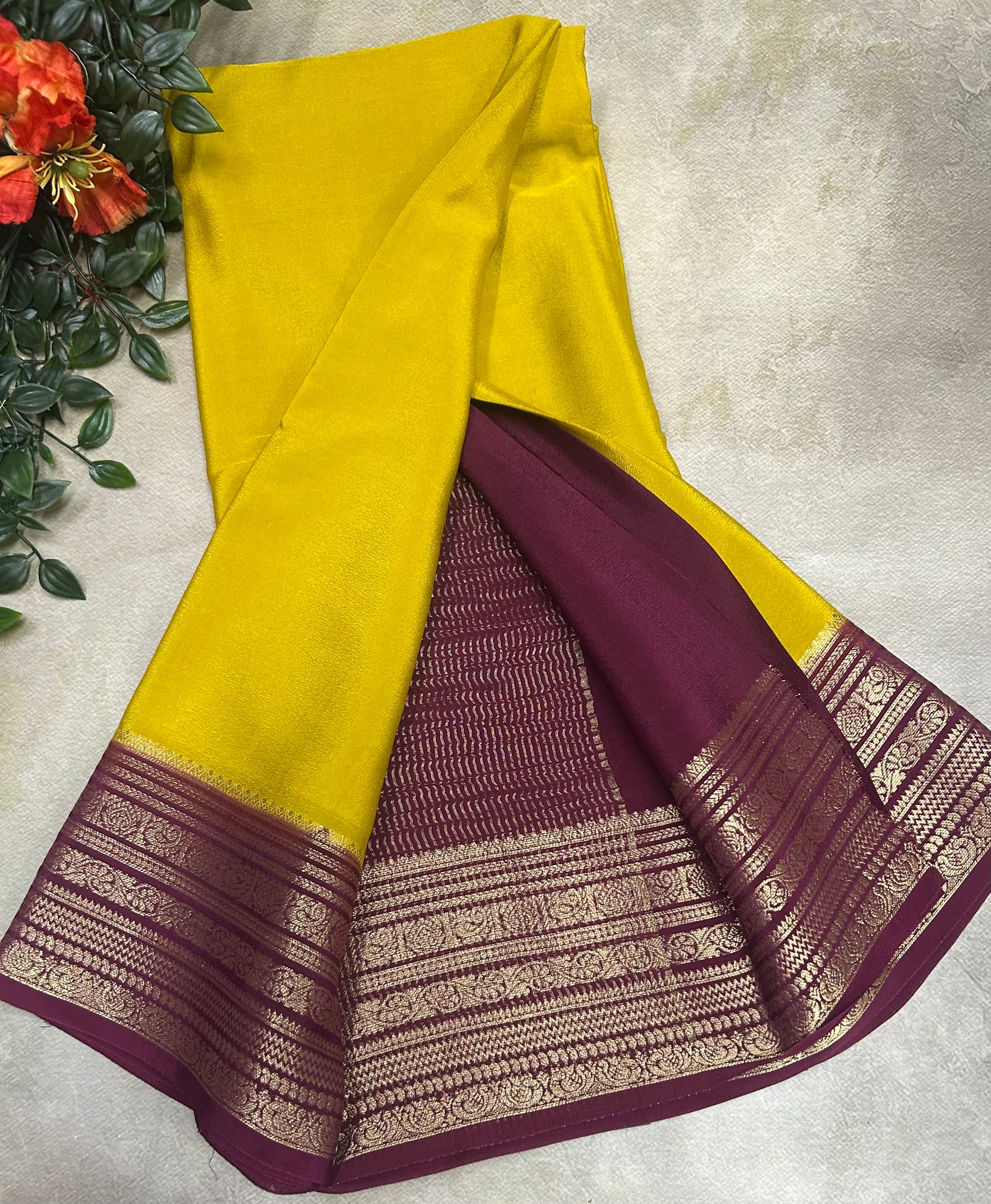 Mustard yellow n wine plain semi Mysore crepe silk 105 saree