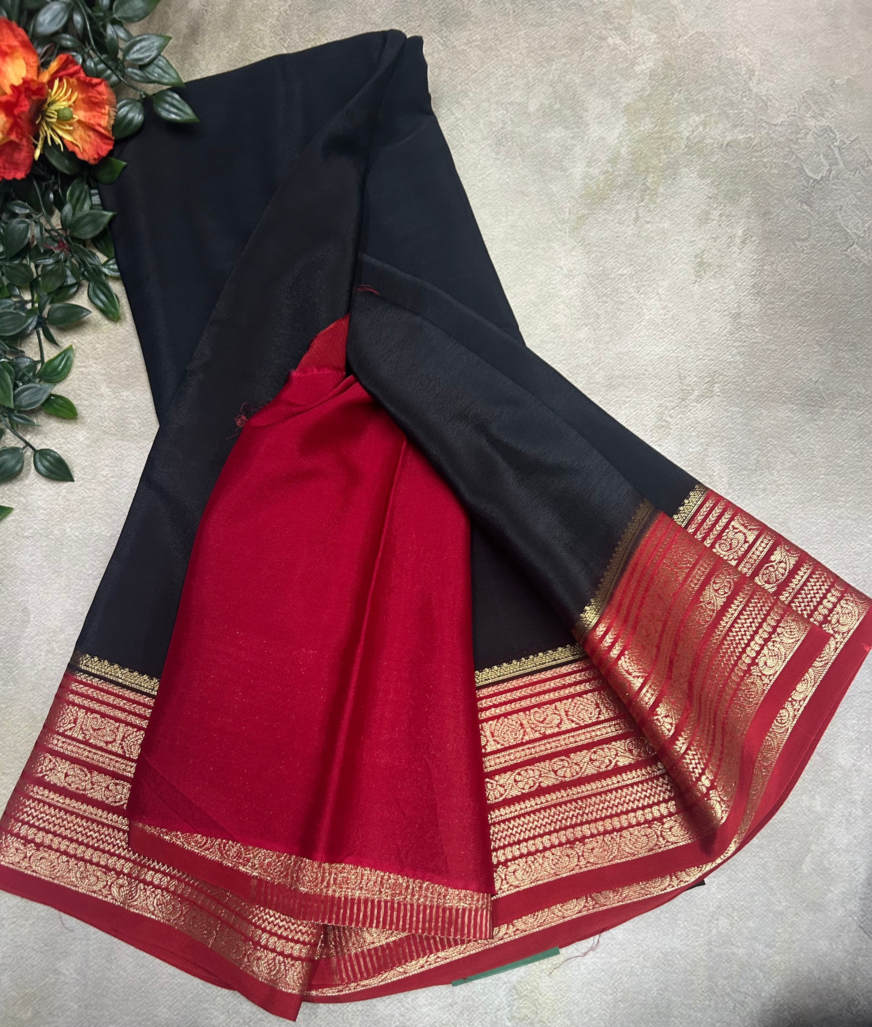 Black n red plain semi Mysore crepe silk 105 saree