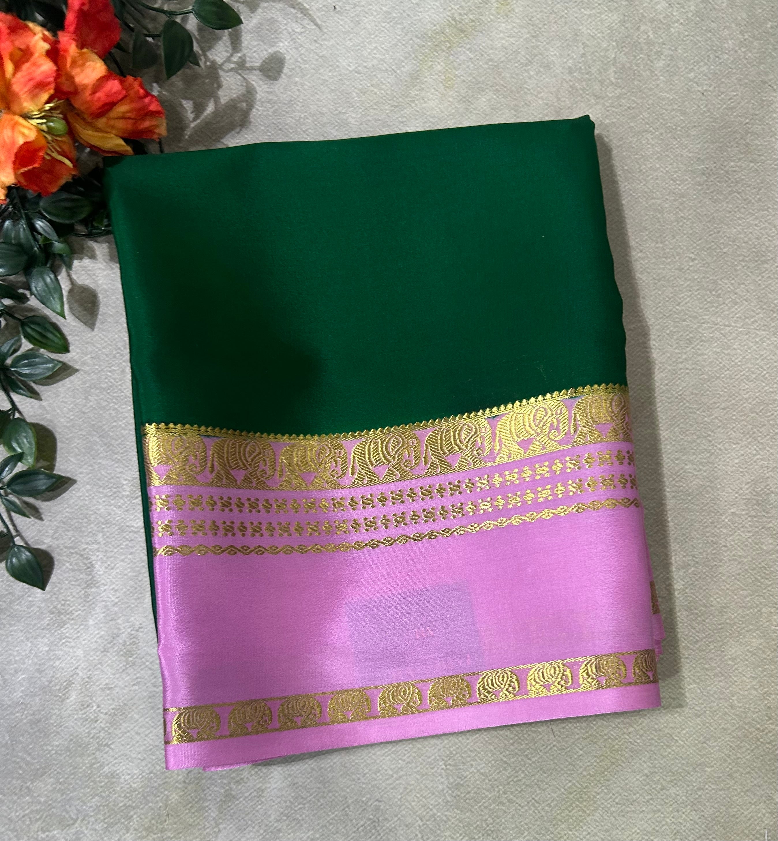 Bottle green bentex border pure Mysore silk 104 saree