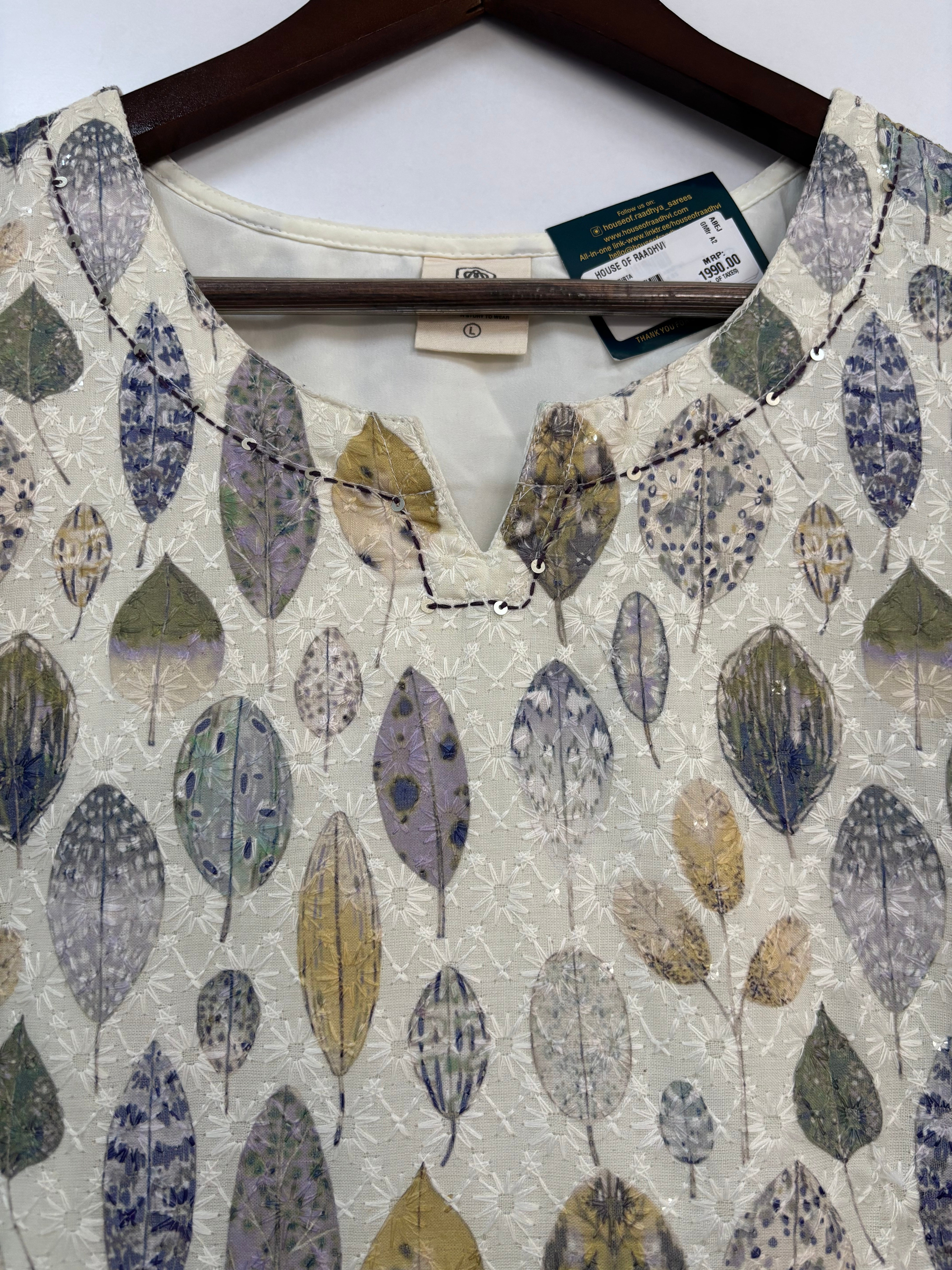 White Cotton Block Print Straight Fit Kurtha