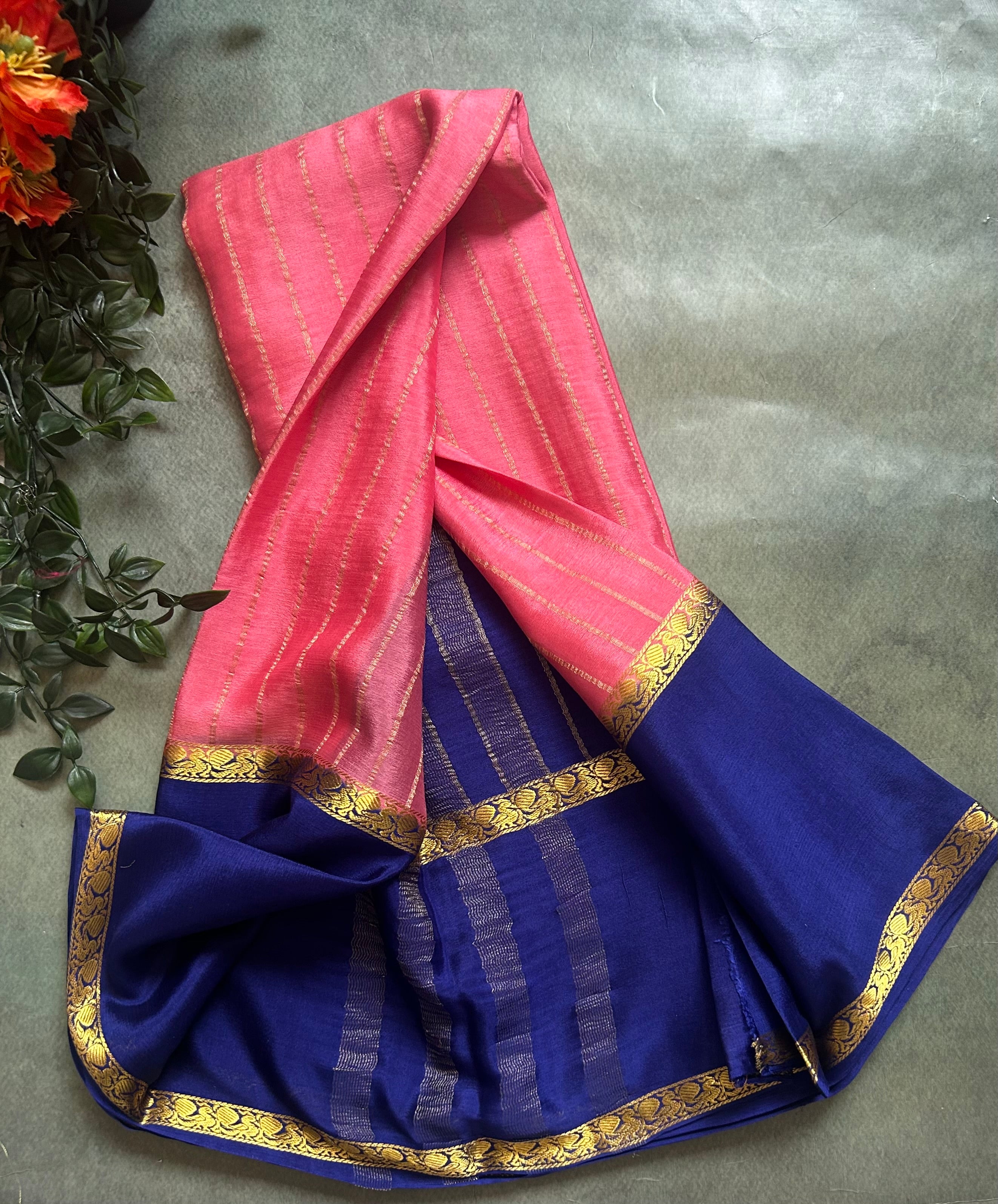 Light pink n navy blue pure wrinkle 103 crepe silk saree