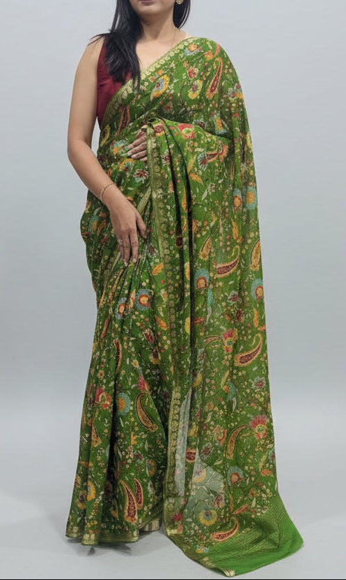 Green Digital Print Chinon-12 Saree – Lightweight Designer Saree for Festive & Party Wear