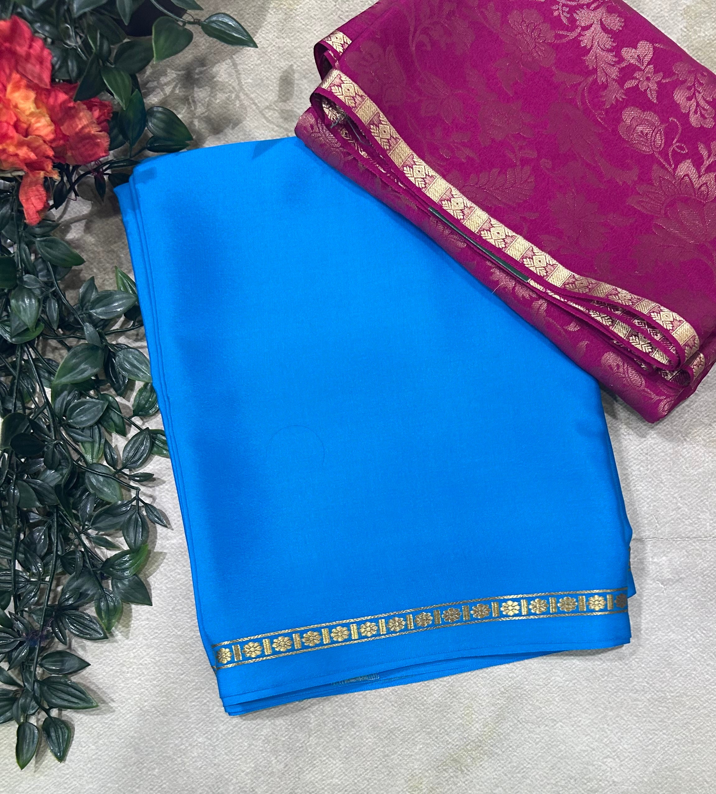 Blue plain pure mysore crepe silk saree with Mysore brocade blouse piece(MSM106)