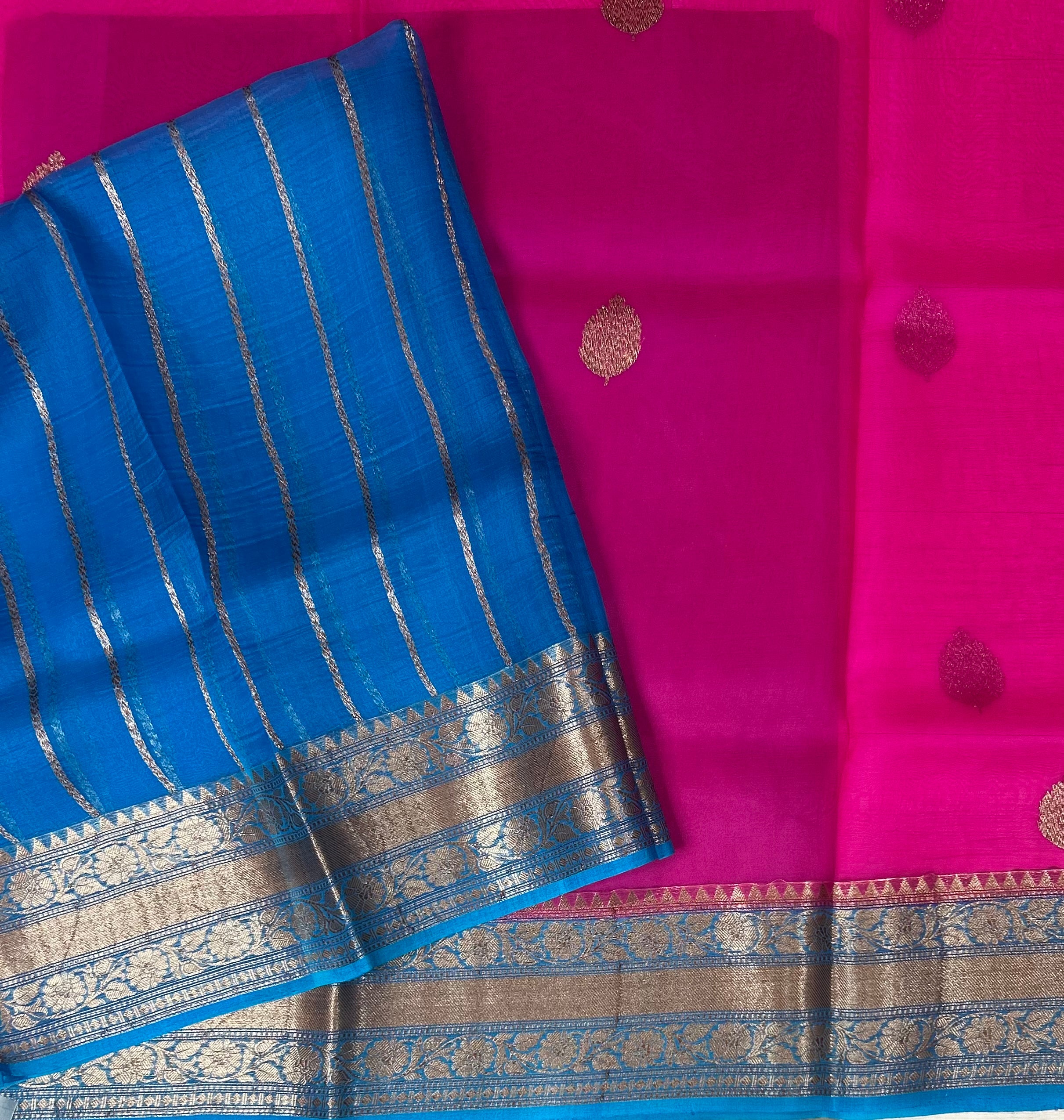 Pink n blue  pure kora organza silk saree