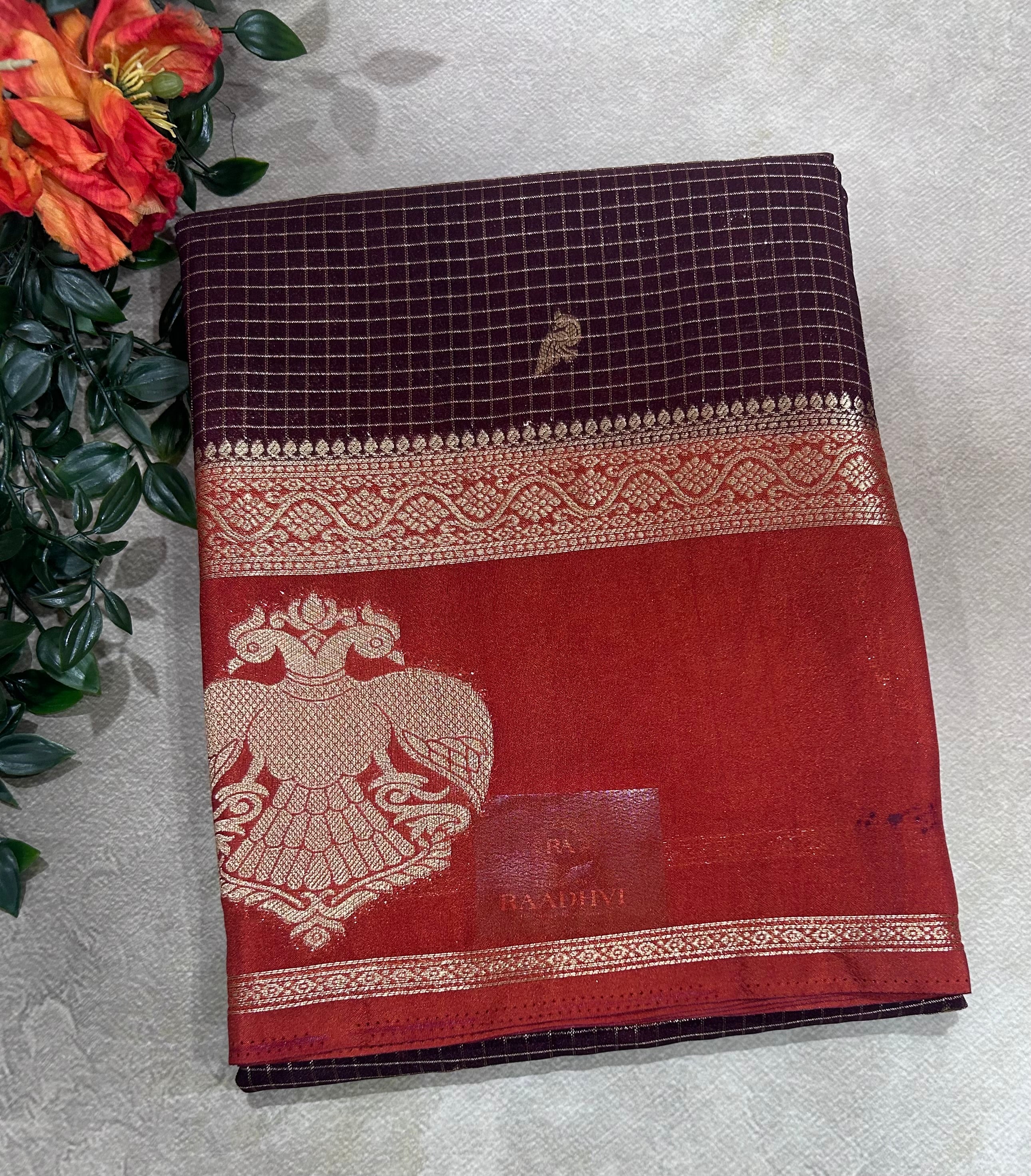 Brown gandaberunda border semi Mysore crepe 106 saree
