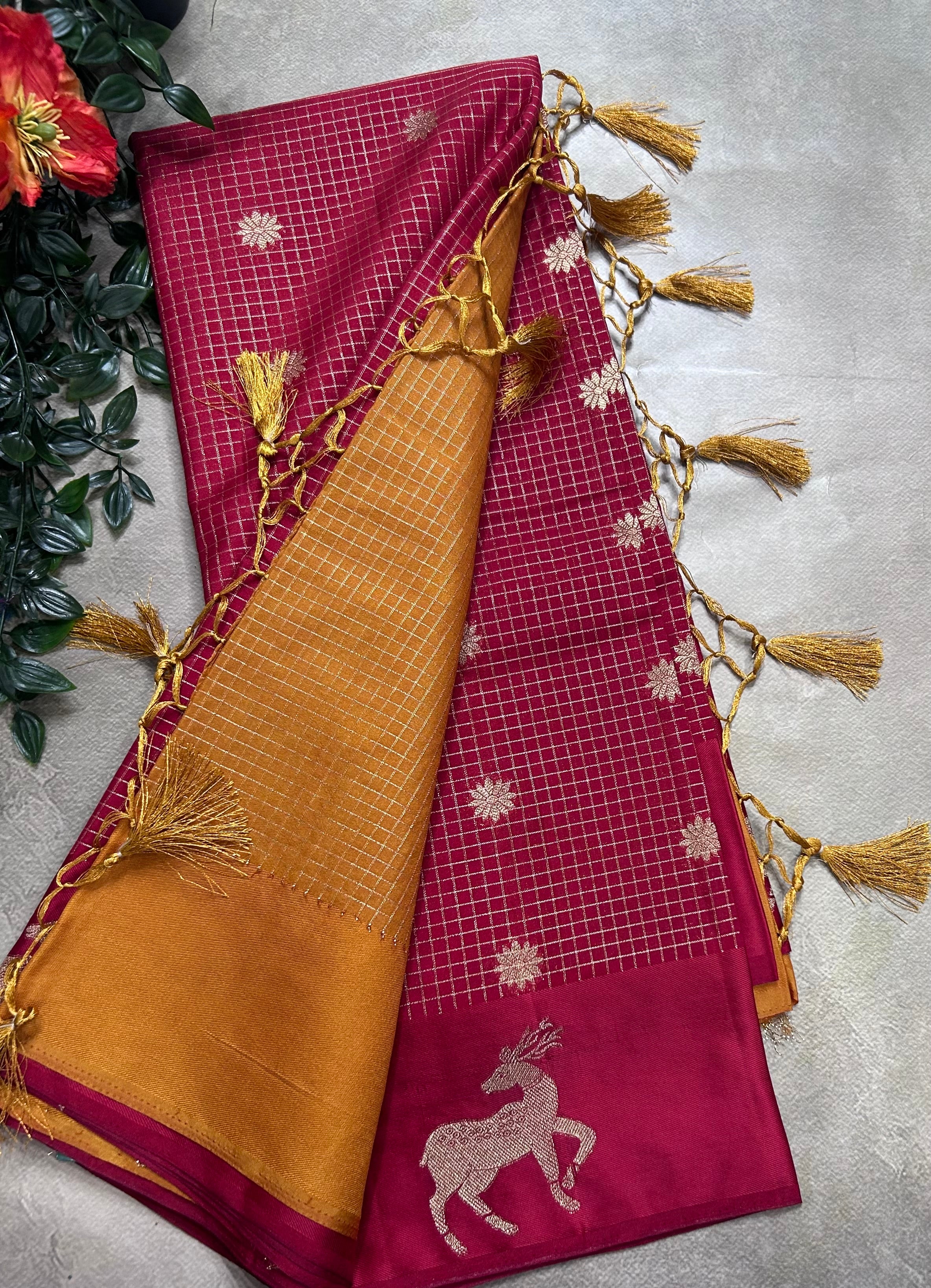 Red small checks semi Mysore crepe 106 saree