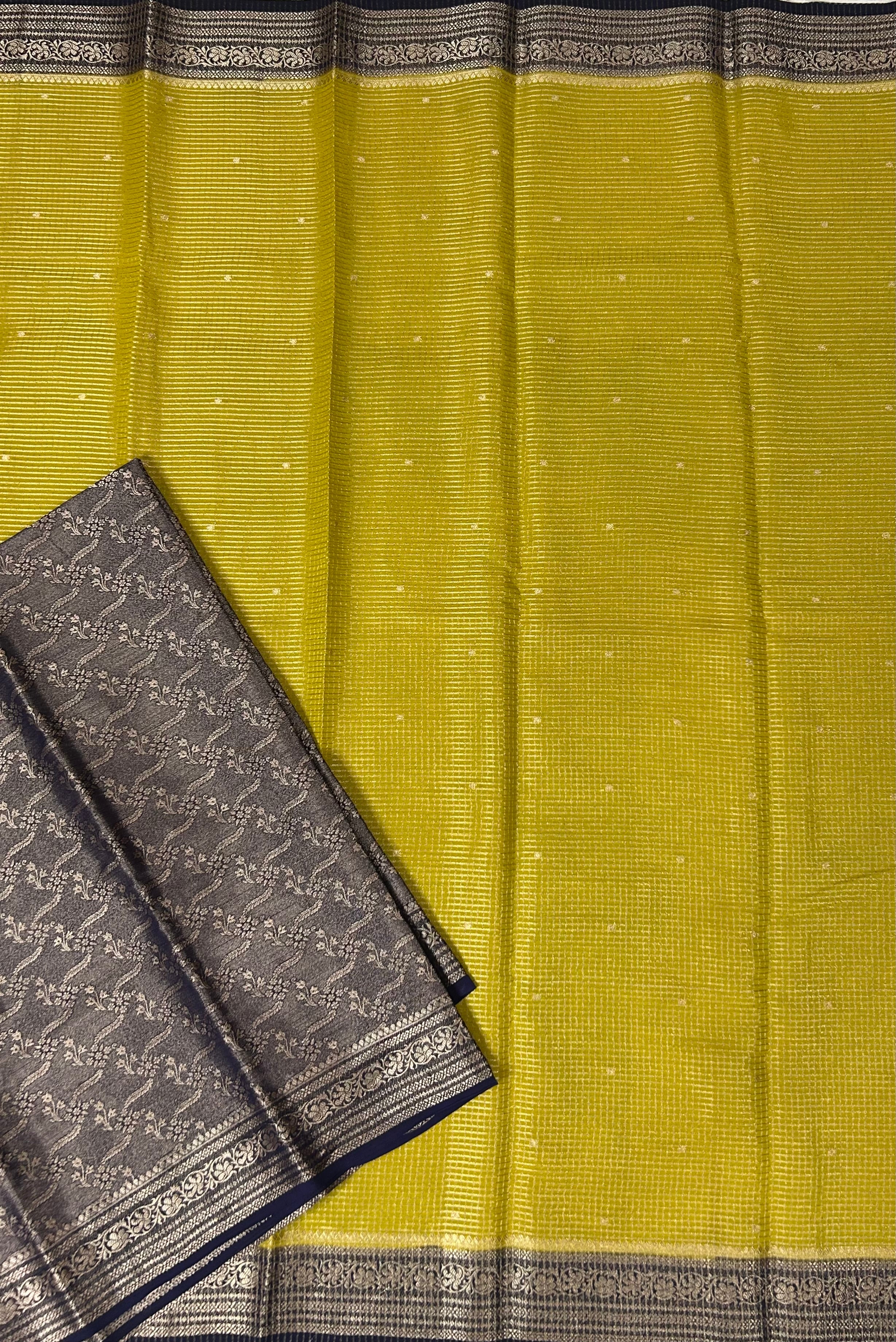 Neon yellow small checks semi mysore crepe-12 saree