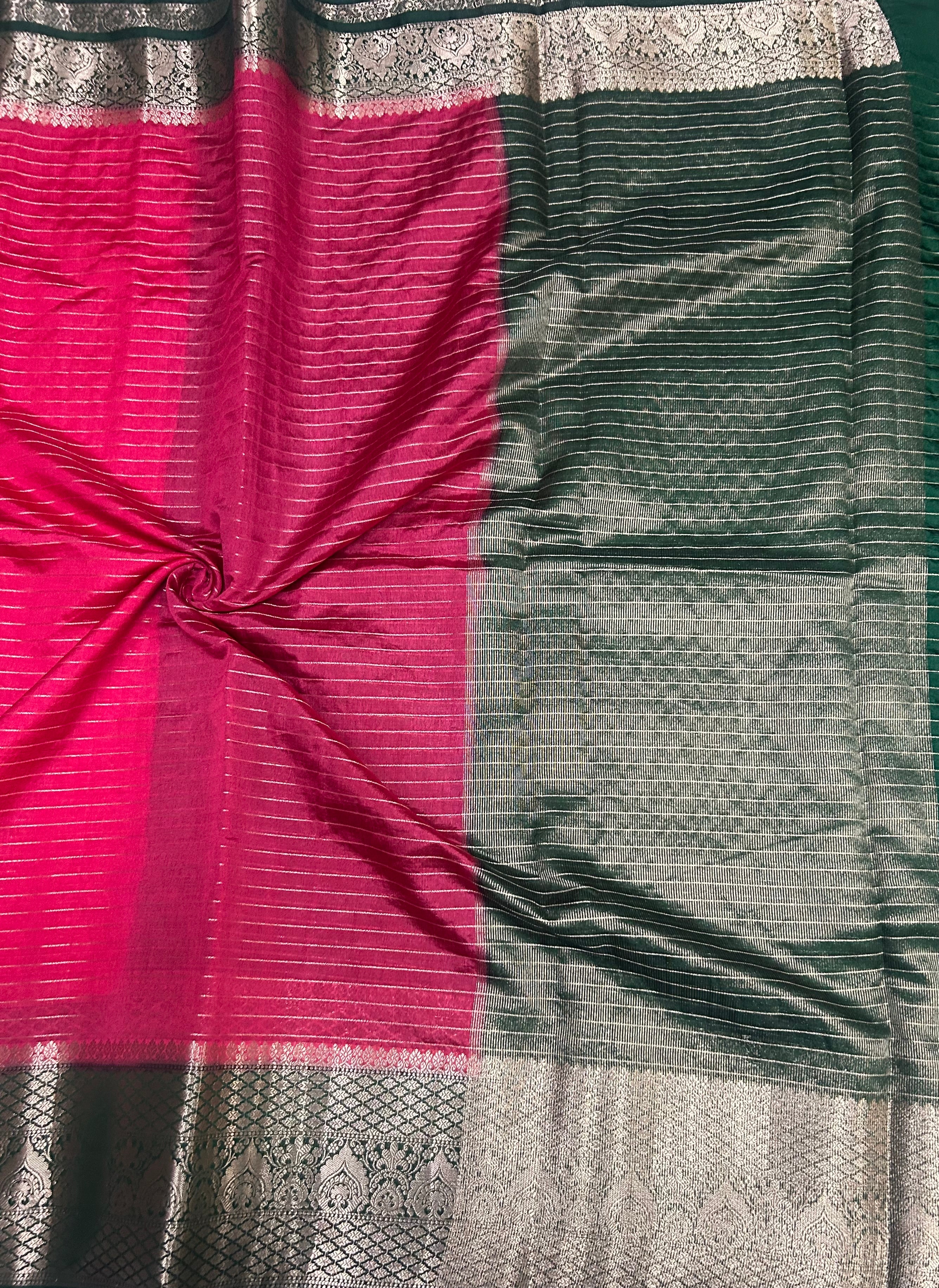 Pink long Border stripes semi Silk Saree