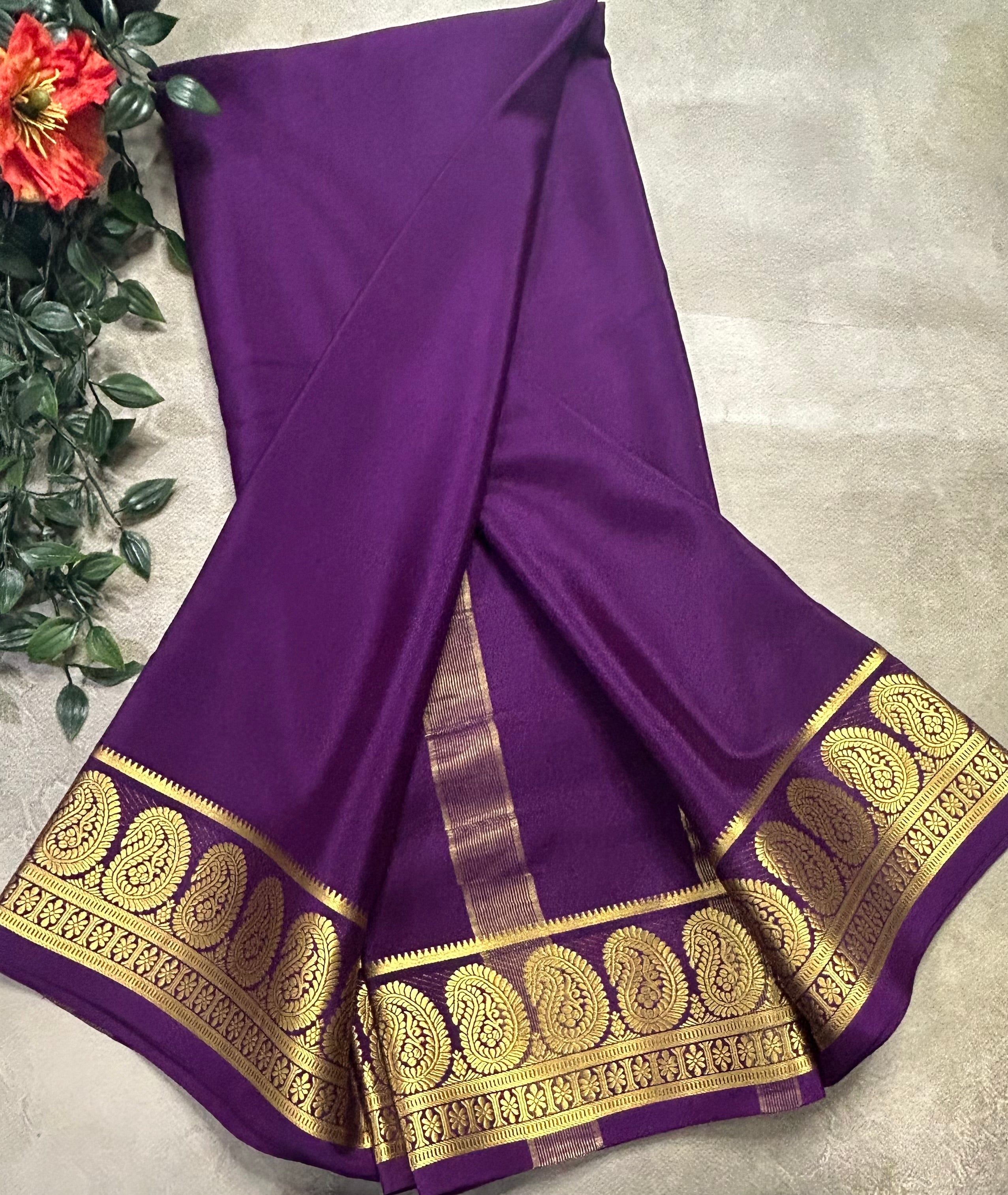 Purple plain mango border pure Mysore silk 105 saree