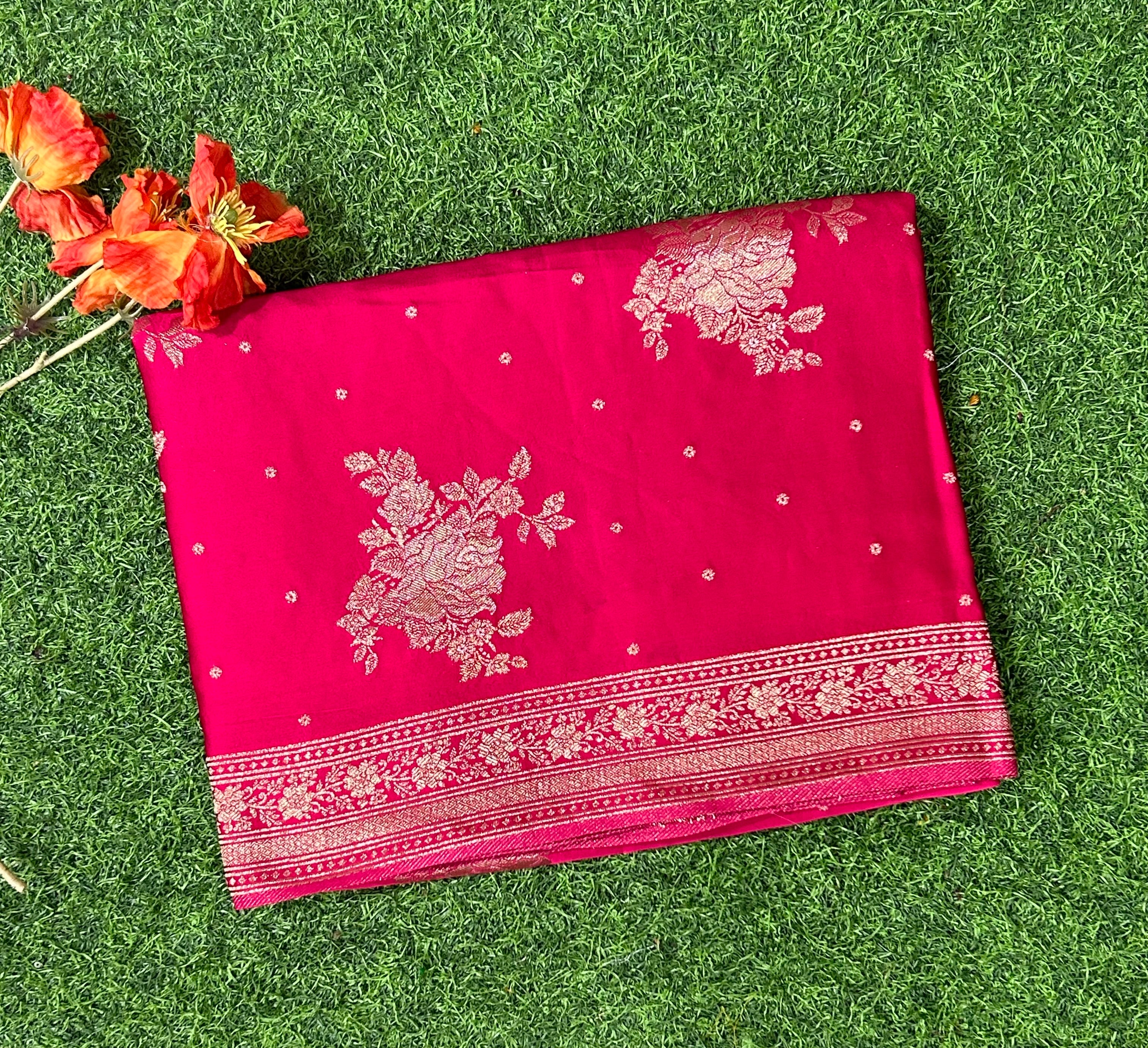 Rani pink floral butta satin silk saree