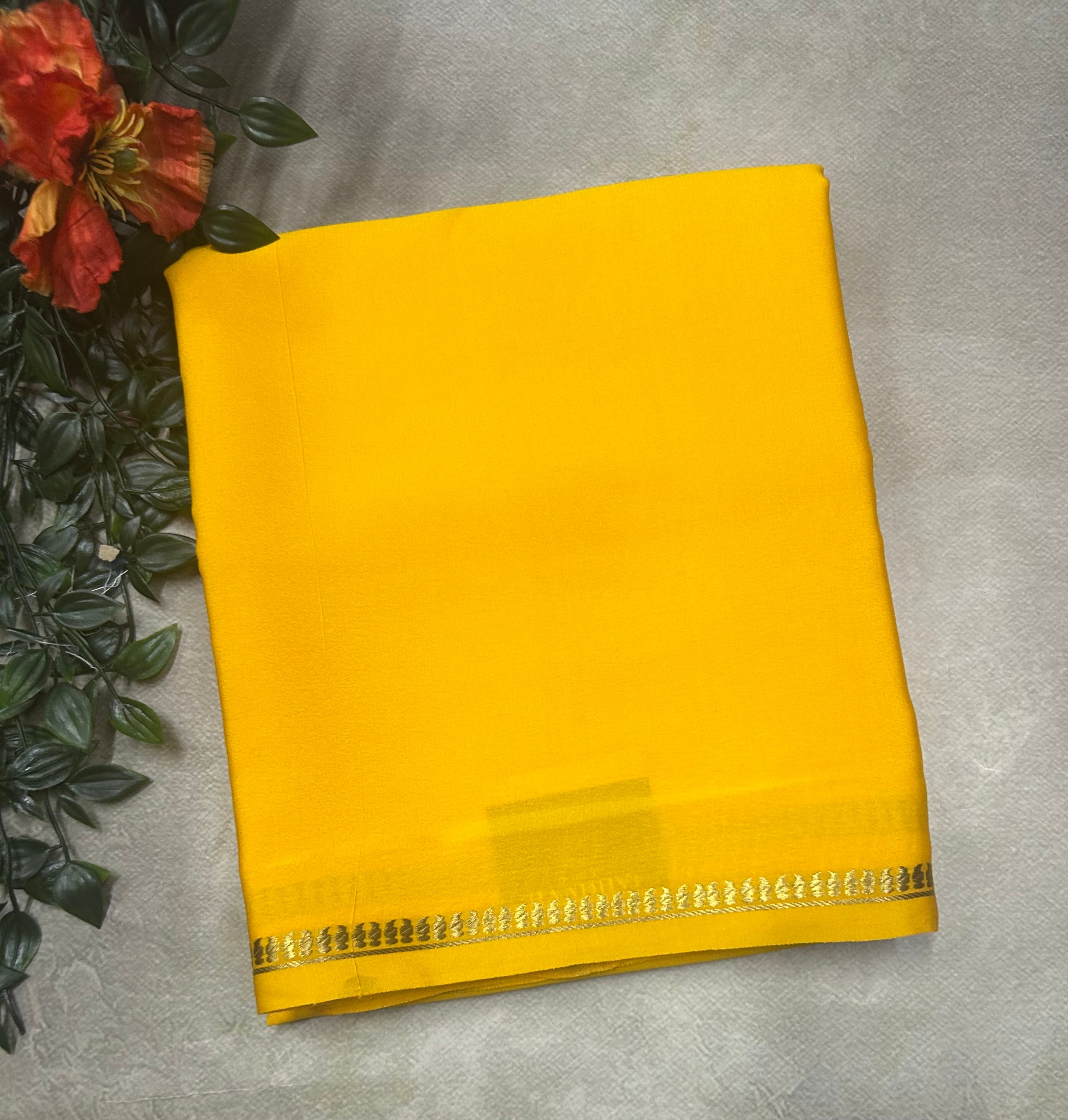 Bright yellow small border pure Mysore silk 105 saree