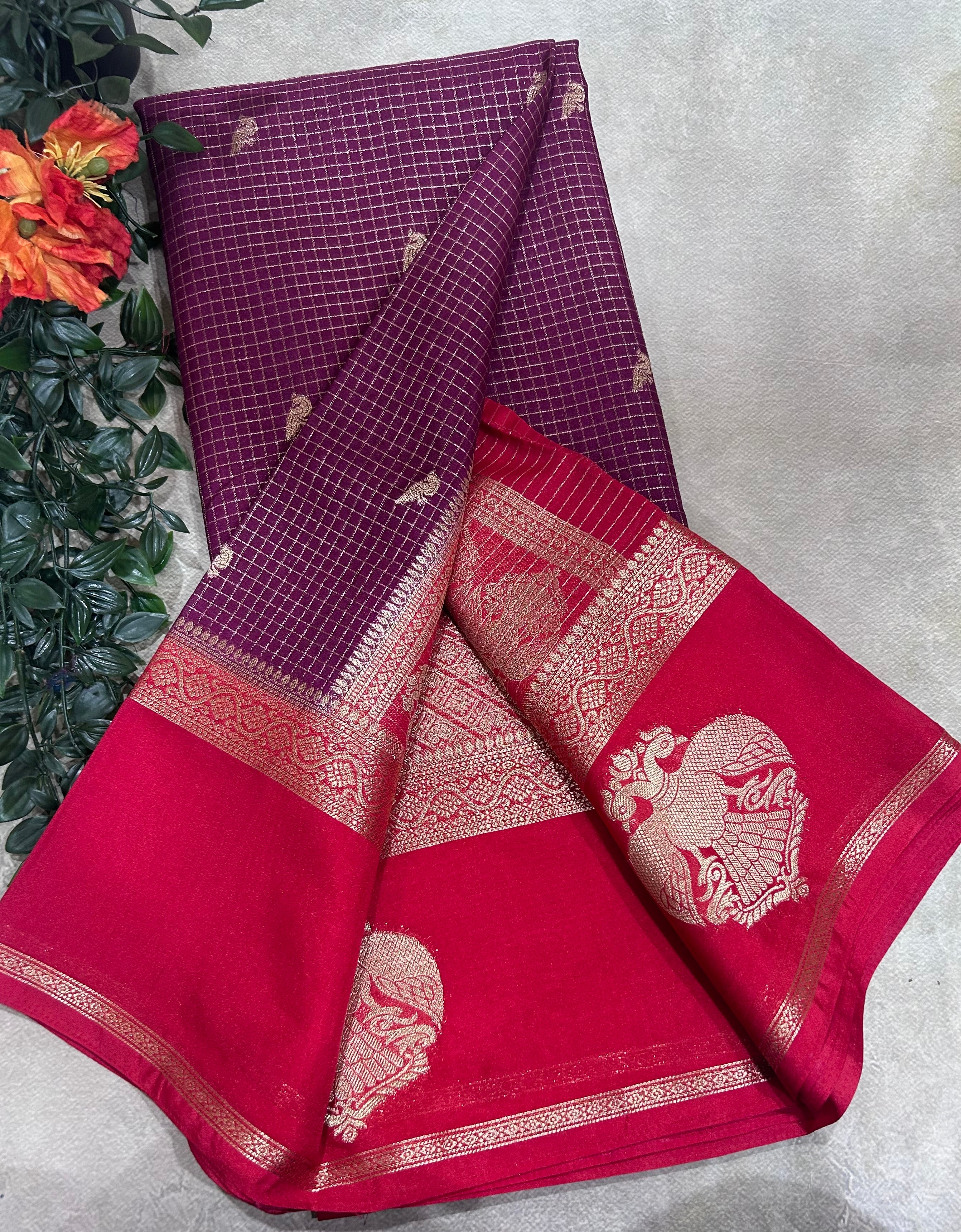 Wine gandaberunda border semi Mysore crepe 106 saree
