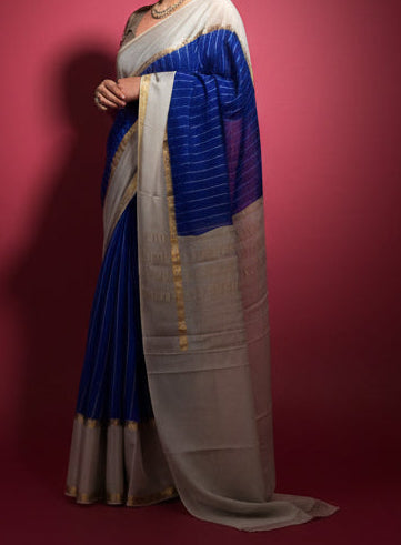 Royal blue n grey pure wrinkle crepe silk saree