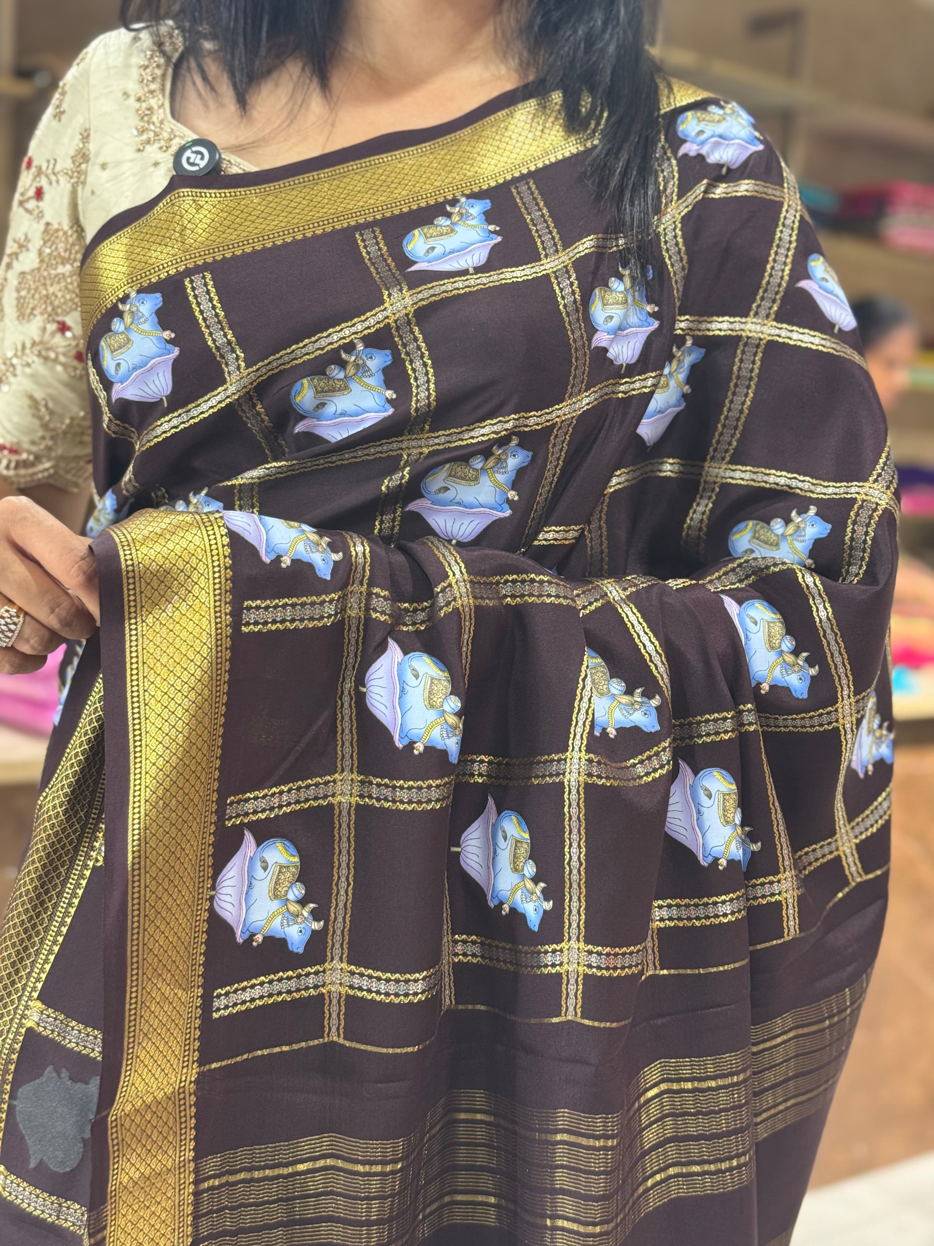 Dark brown checks pichwai-08 design pure mysore crepe silk saree
