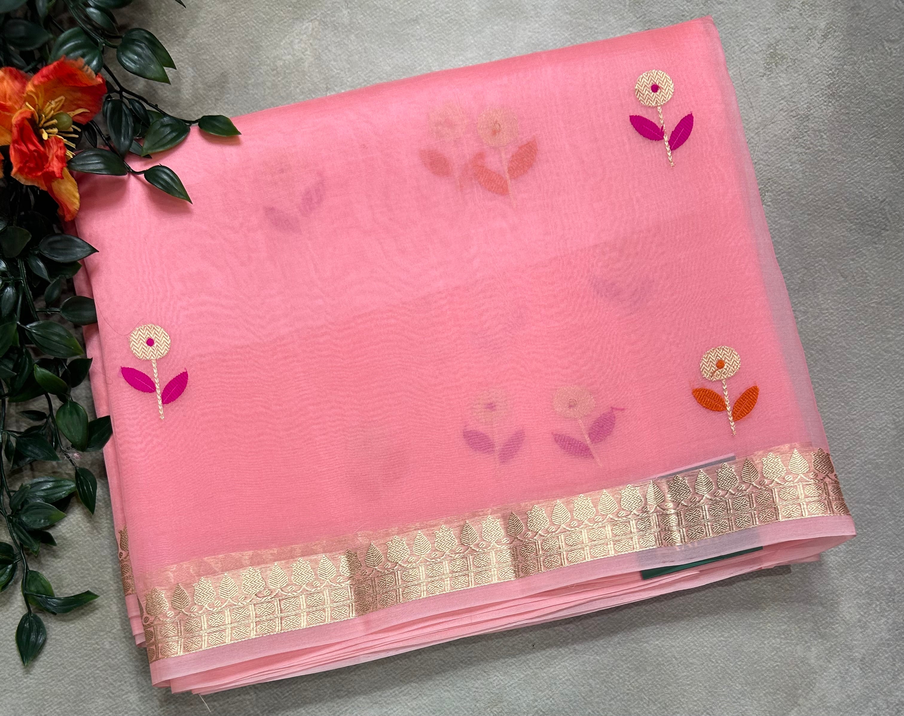 Pastel pink pure kora 105 organza silk saree