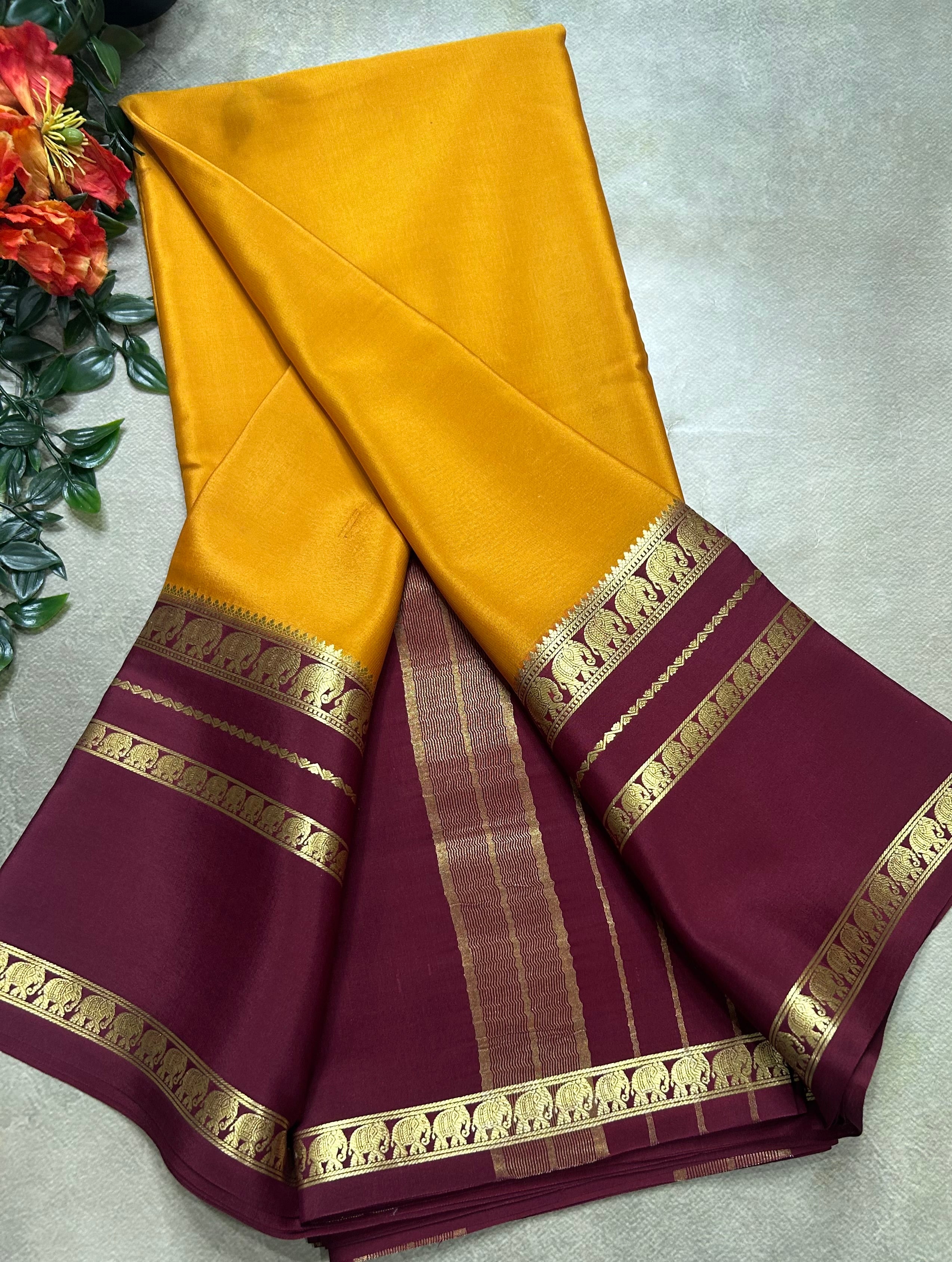 Dark mustard Yellow bentex border pure mysore silk saree(YMS106)