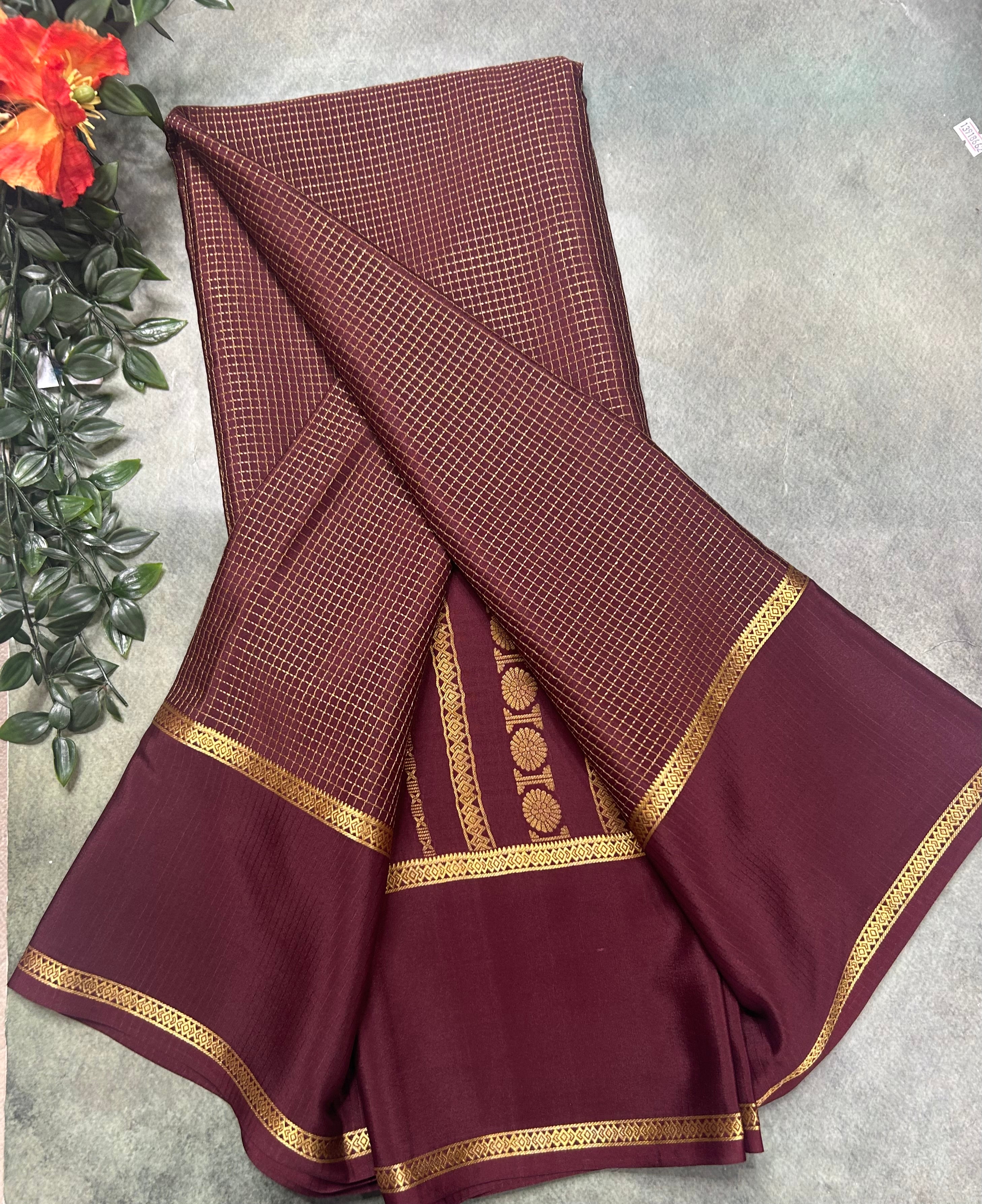 Brown small checks n bentex border pure Mysore silk 105 saree
