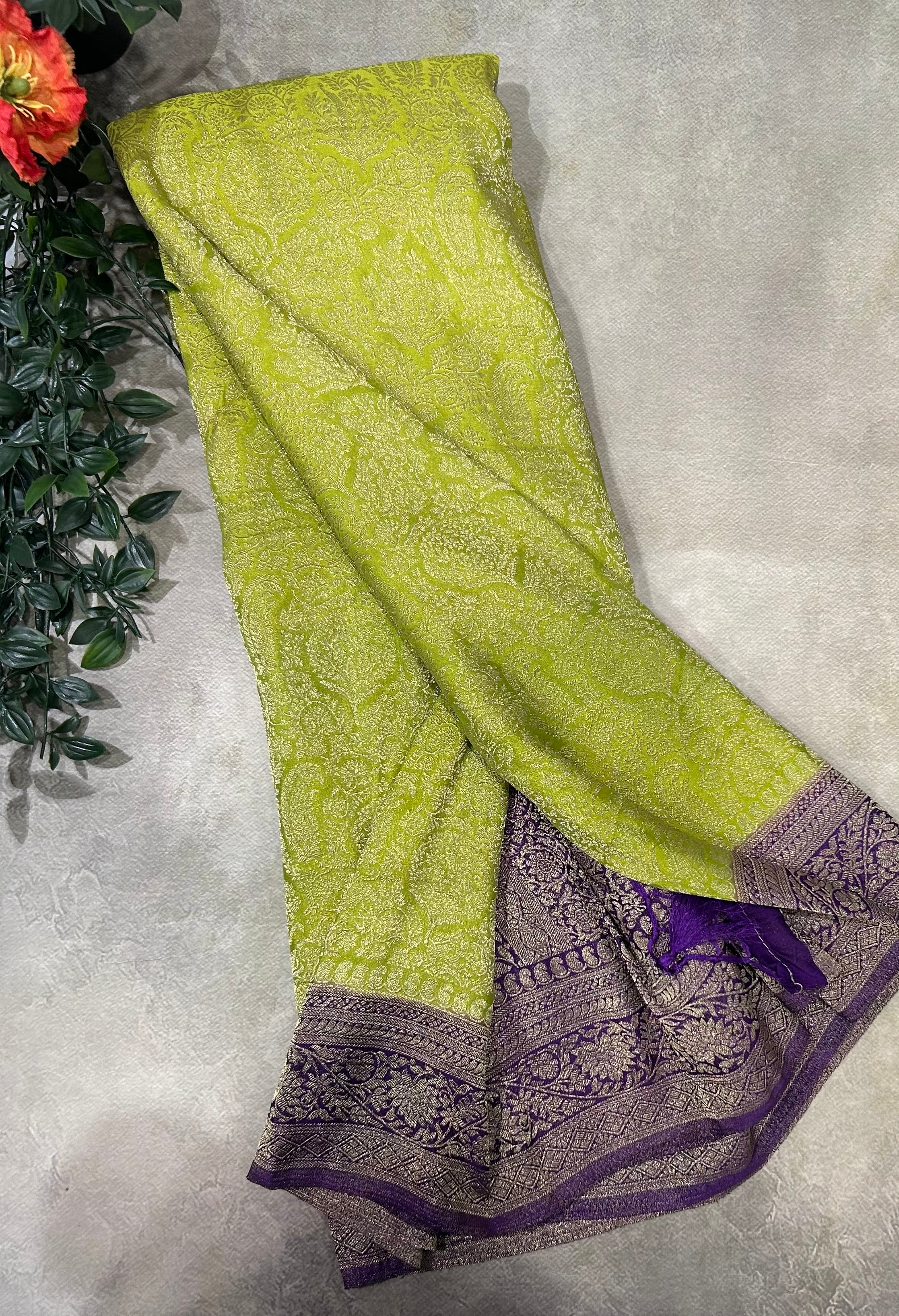 Neon green brocade semi georgette 105 saree