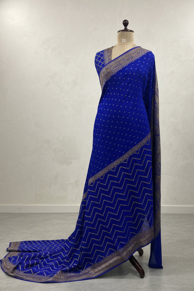 Royal blue half n half pure benarasi crepe 105 saree