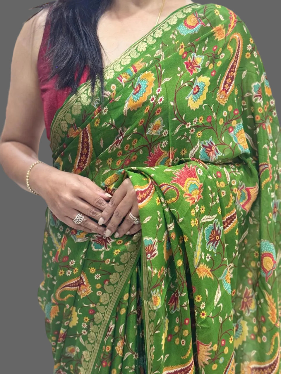 Green Digital Print Chinon-12 Saree – Lightweight Designer Saree for Festive & Party Wear