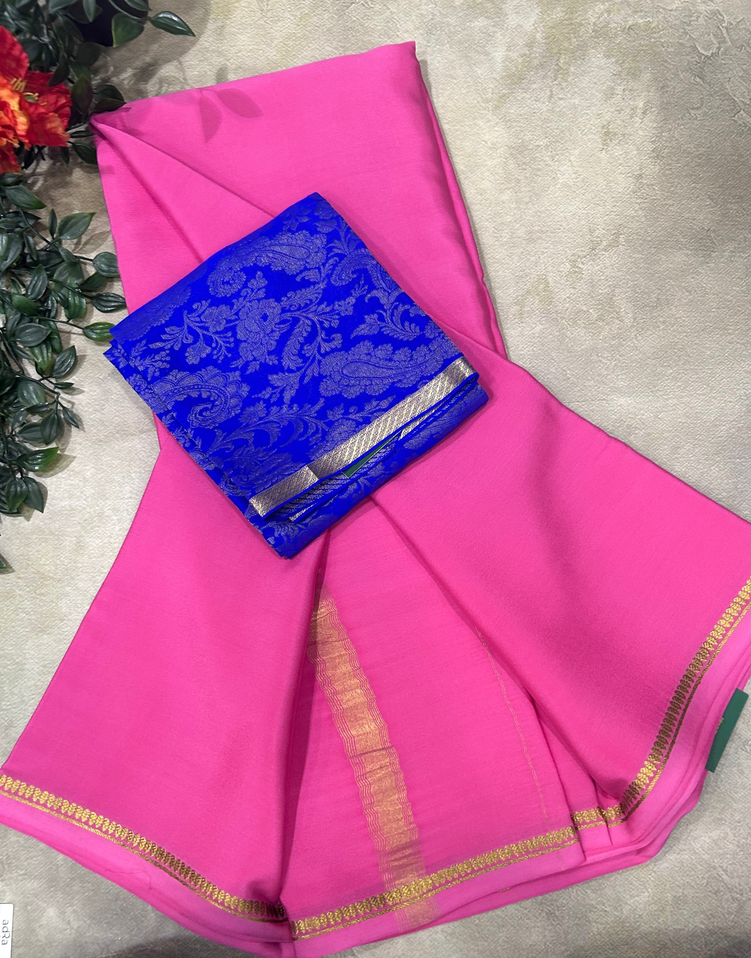 Pastel pink plain pure mysore crepe silk saree with Mysore brocade blouse piece(MSM106)