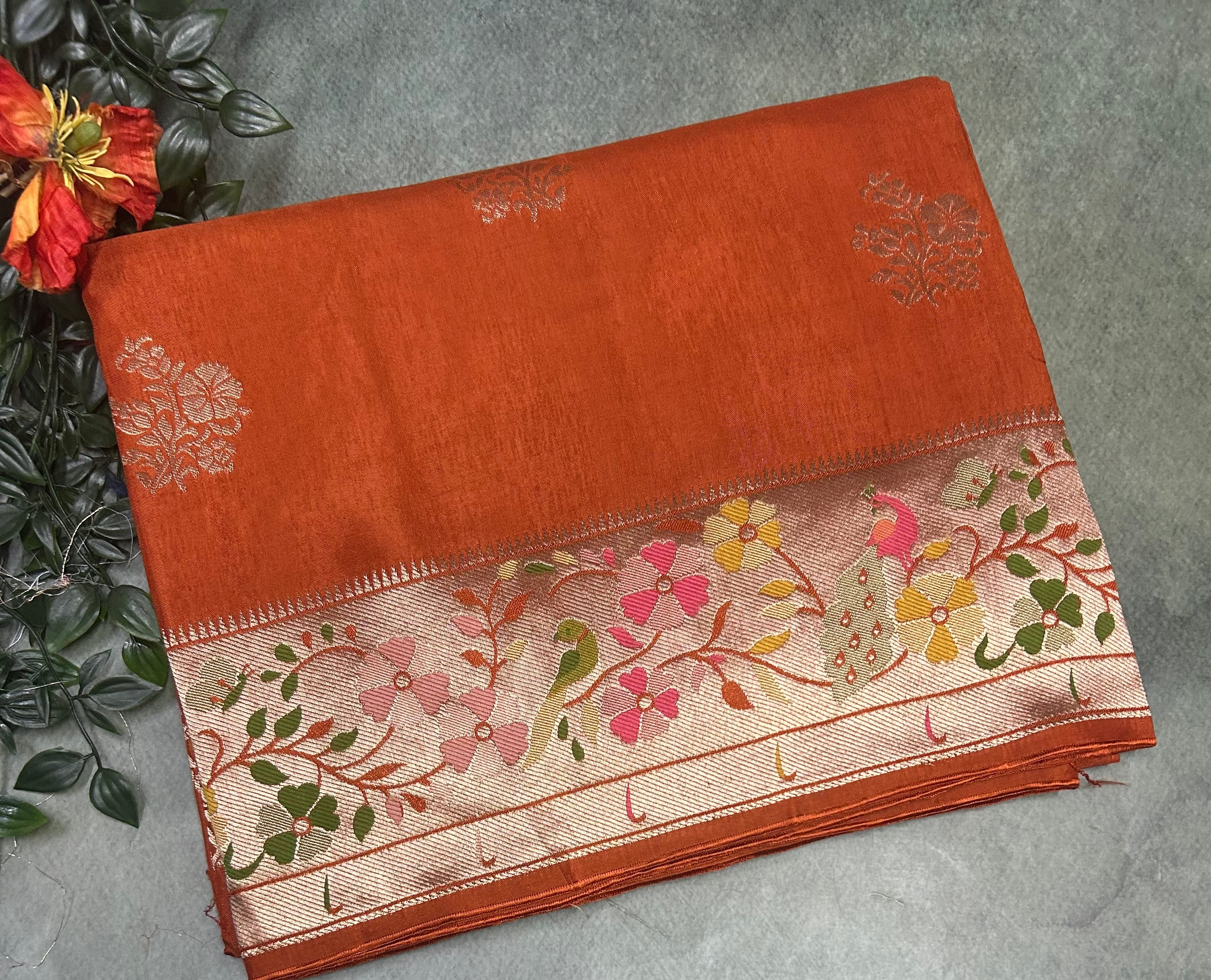 Rust orange Paithani border tussar crepe 106 saree