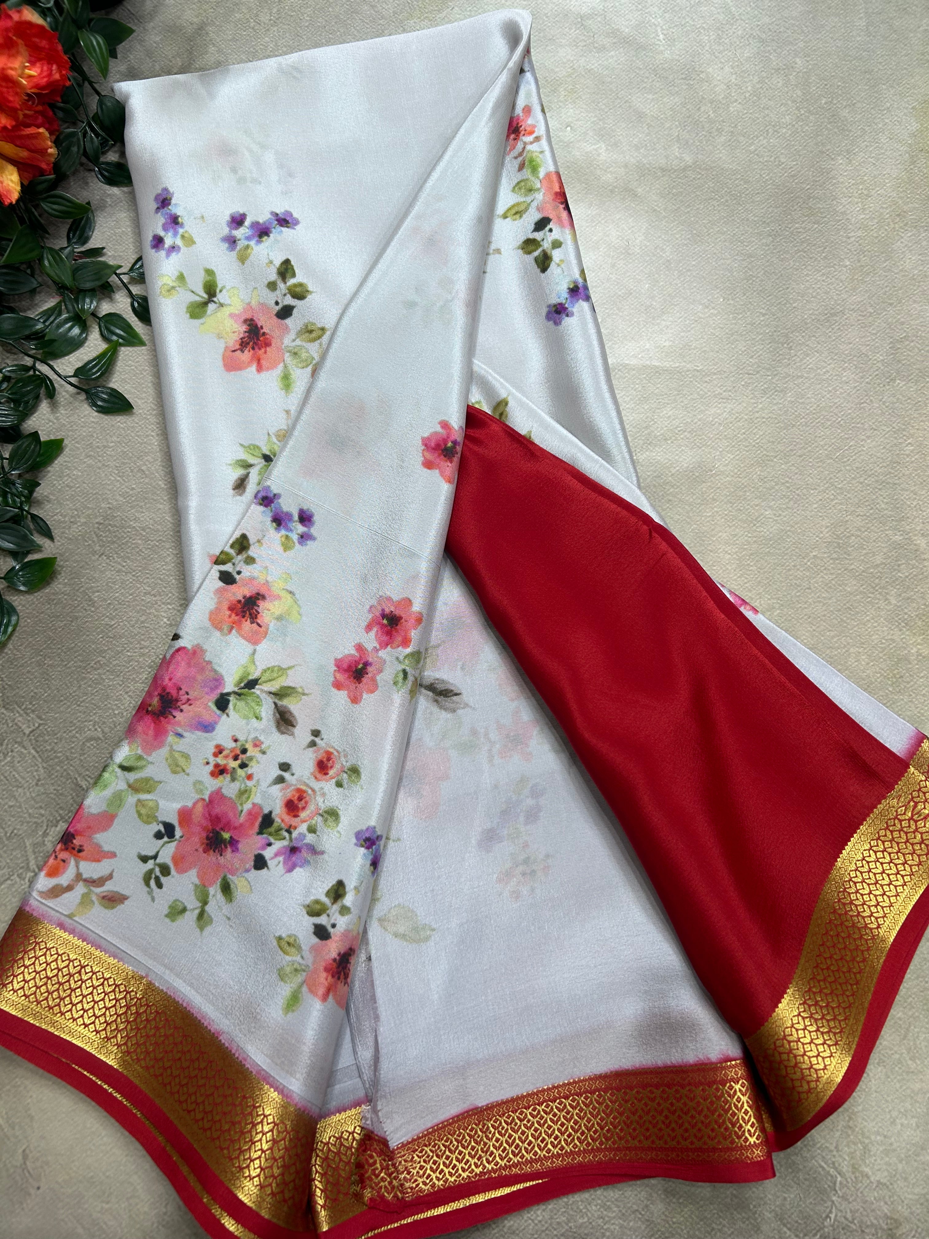 Light grey digital print pure mysore silk saree(DMS106)