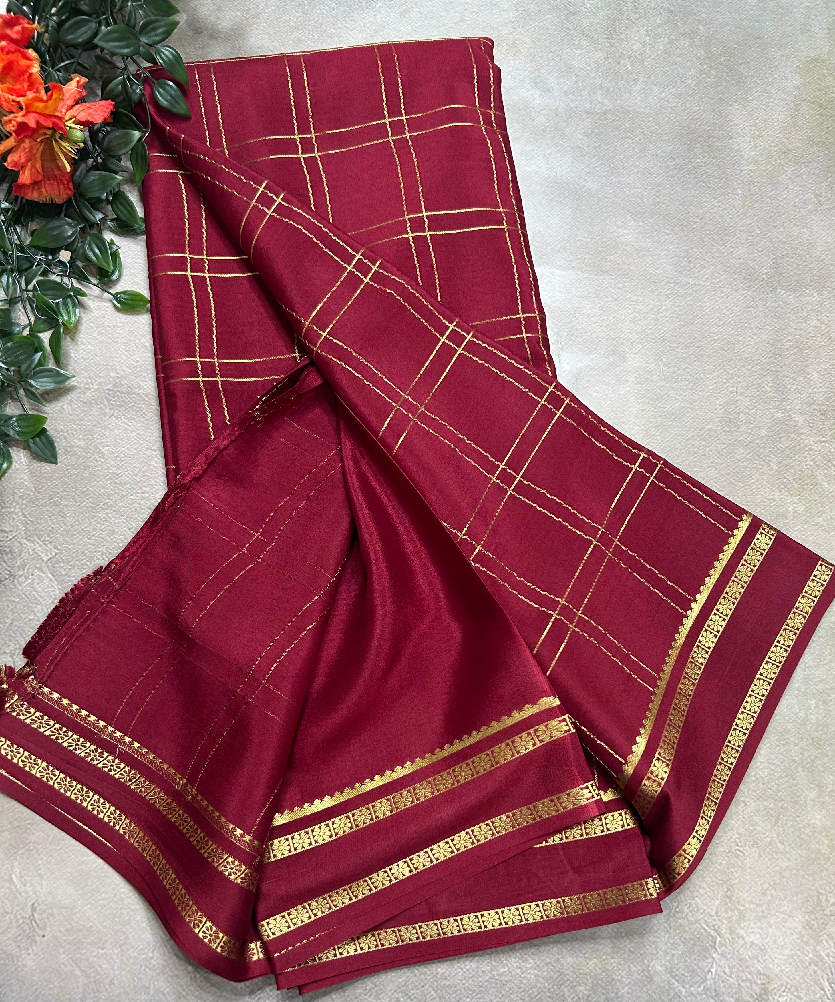 Maroon big checks n Bentex border pure Mysore silk 106 saree