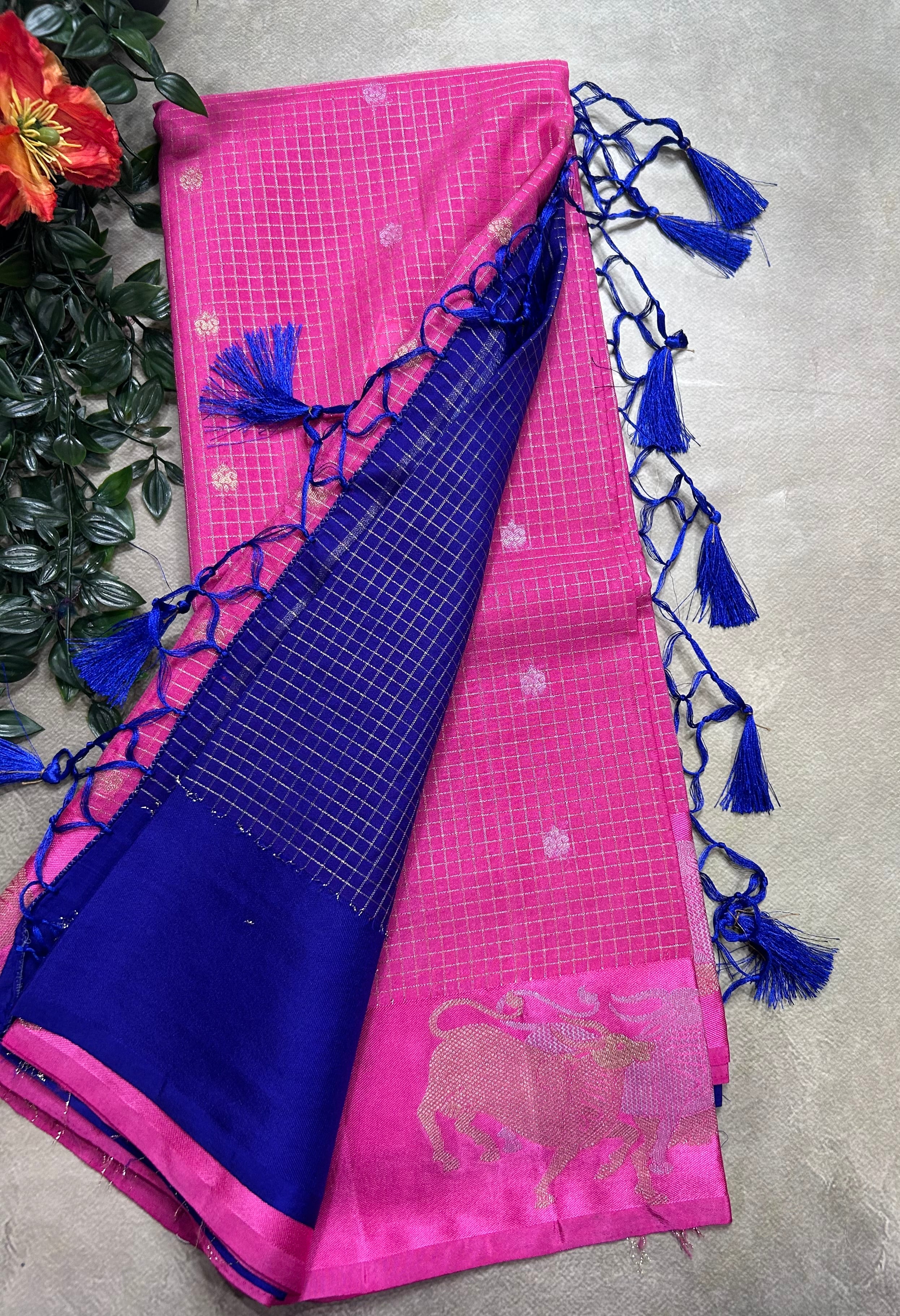 Pink small checks semi Mysore crepe 106 saree