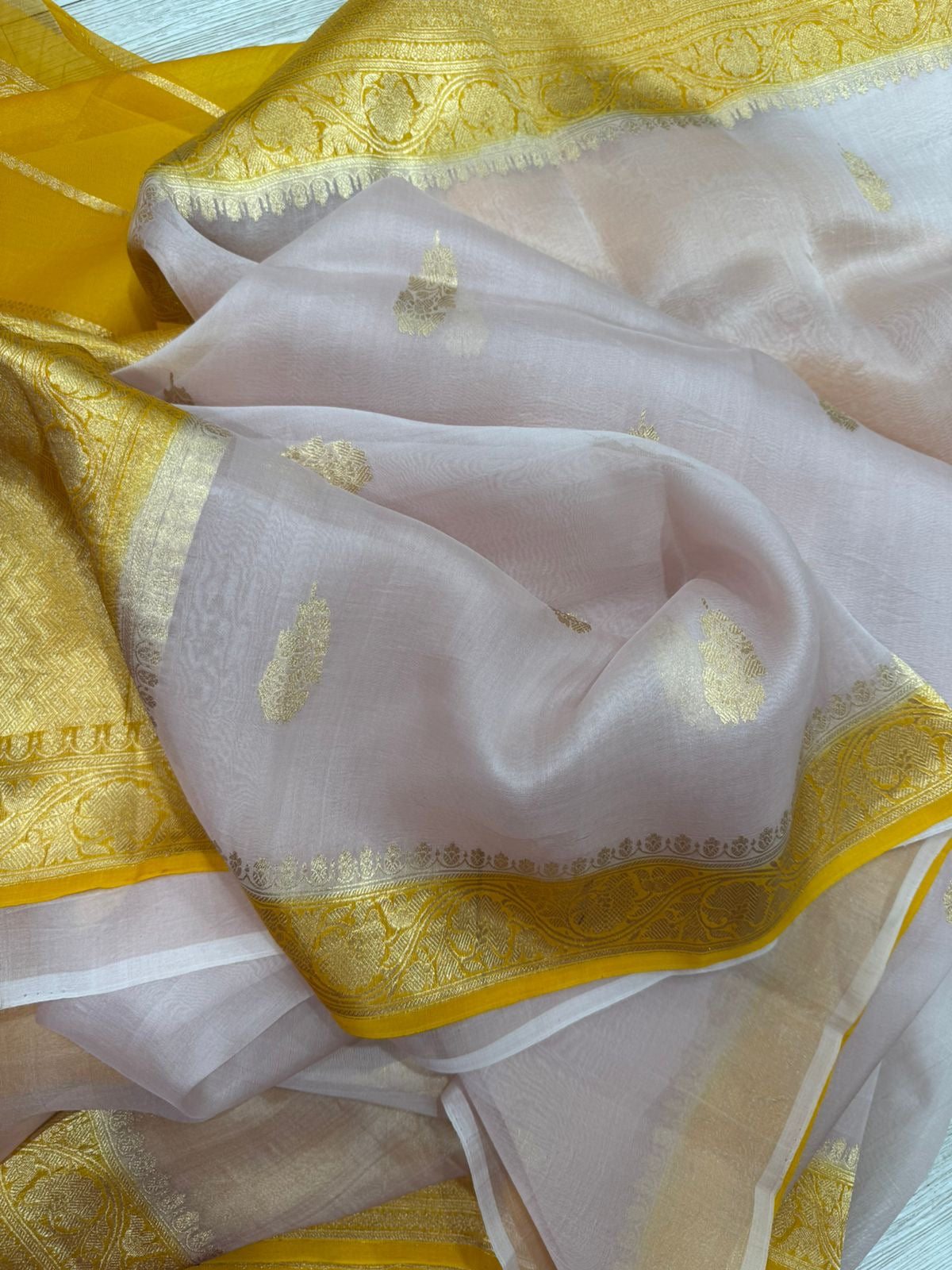 Peach n yellow pure kora organza 12 saree