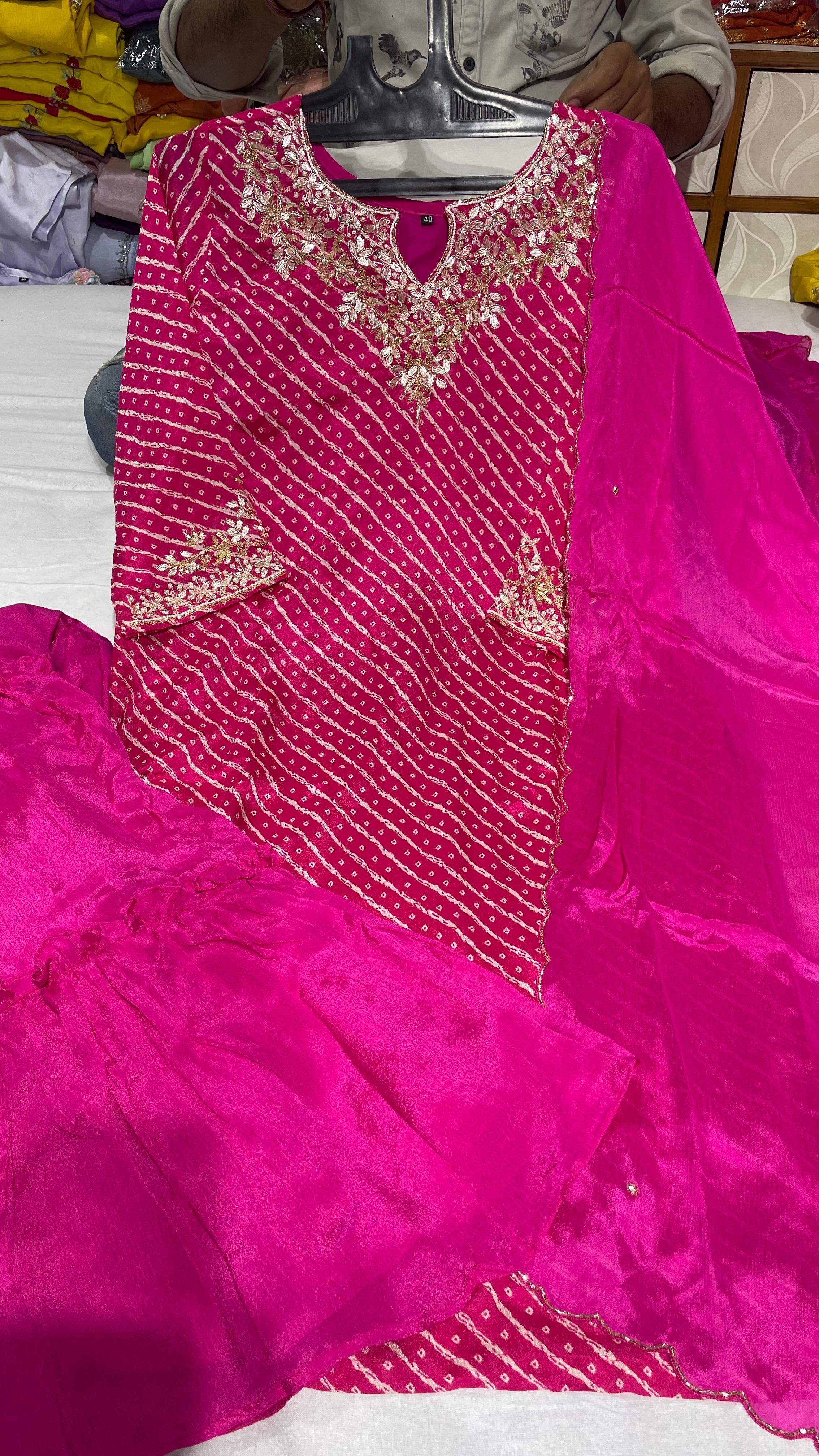 Pink leheriya weaving  bandini Designer Handwork sharara Kurtha set