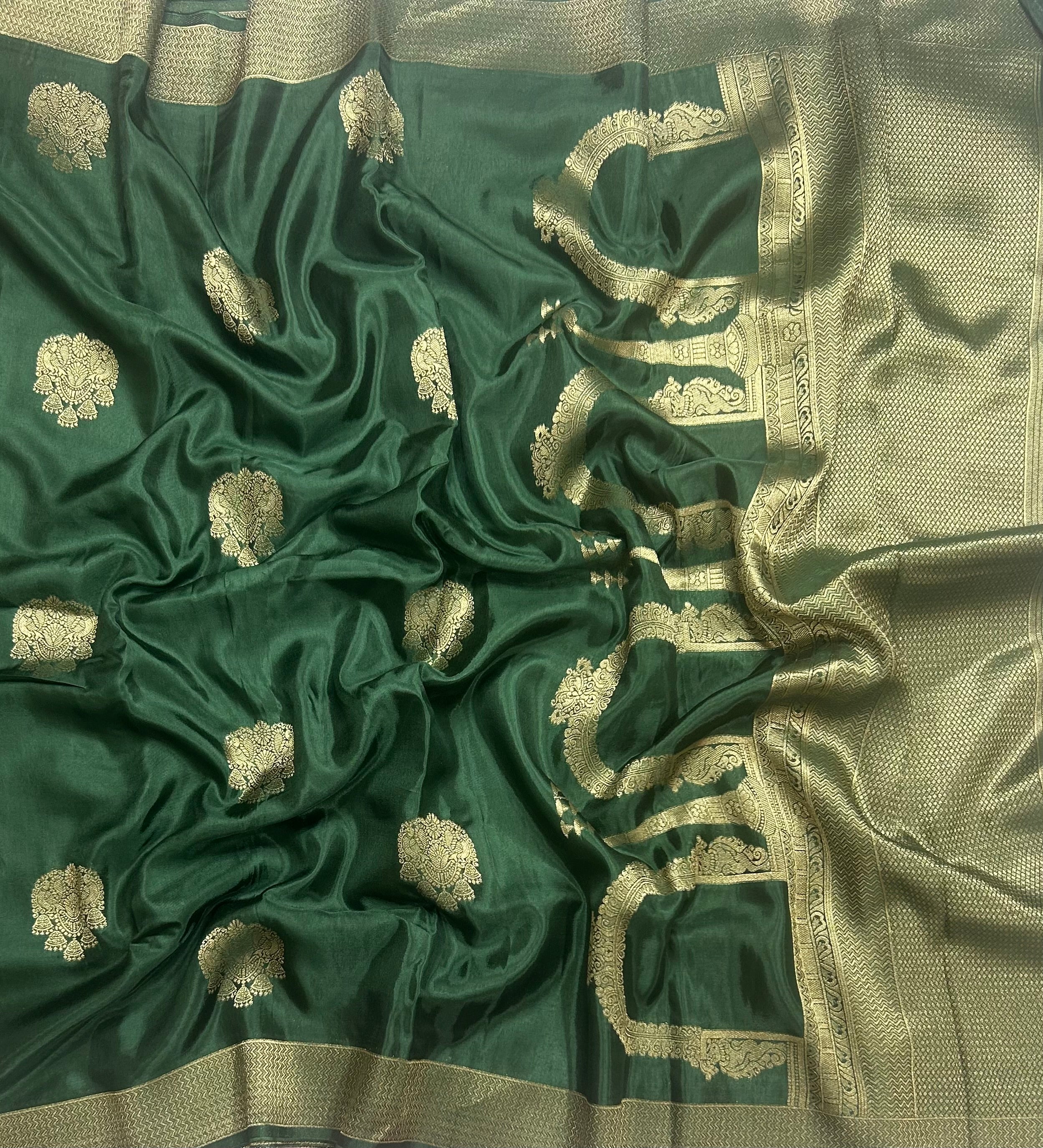 Bottle green  big Butta contrast semi Mysore crepe 105 saree