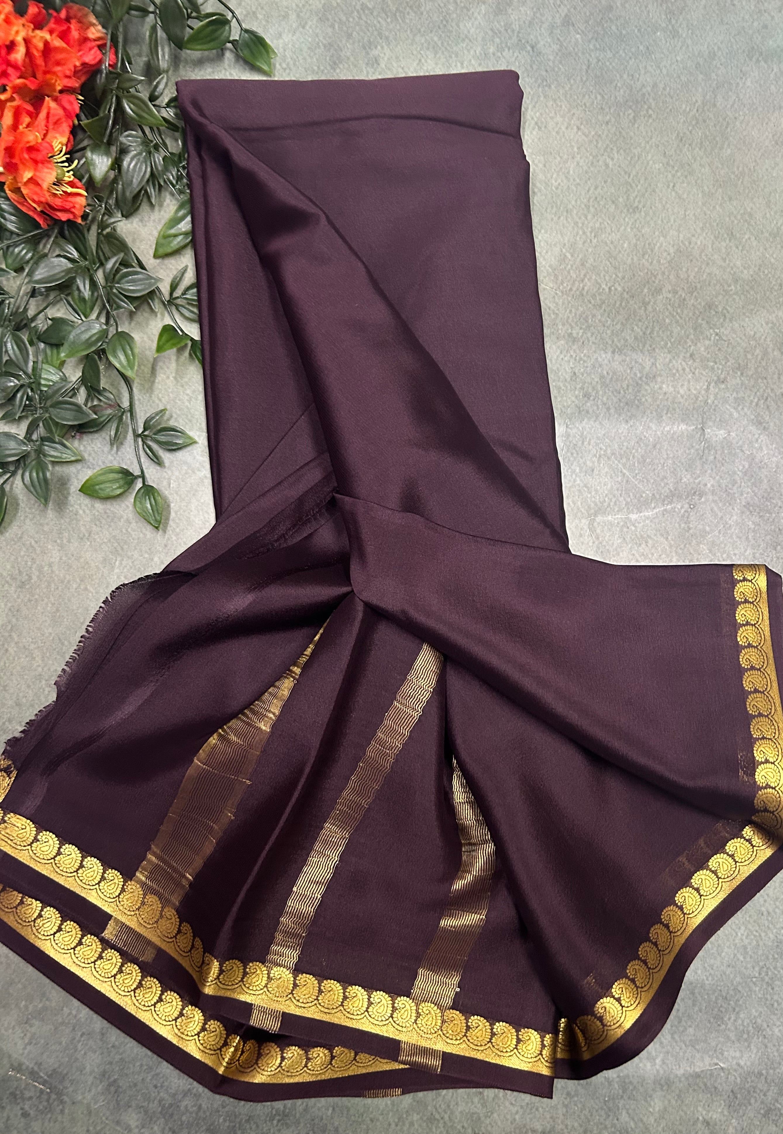 Dark wine pure Mysore crepe silk saree
