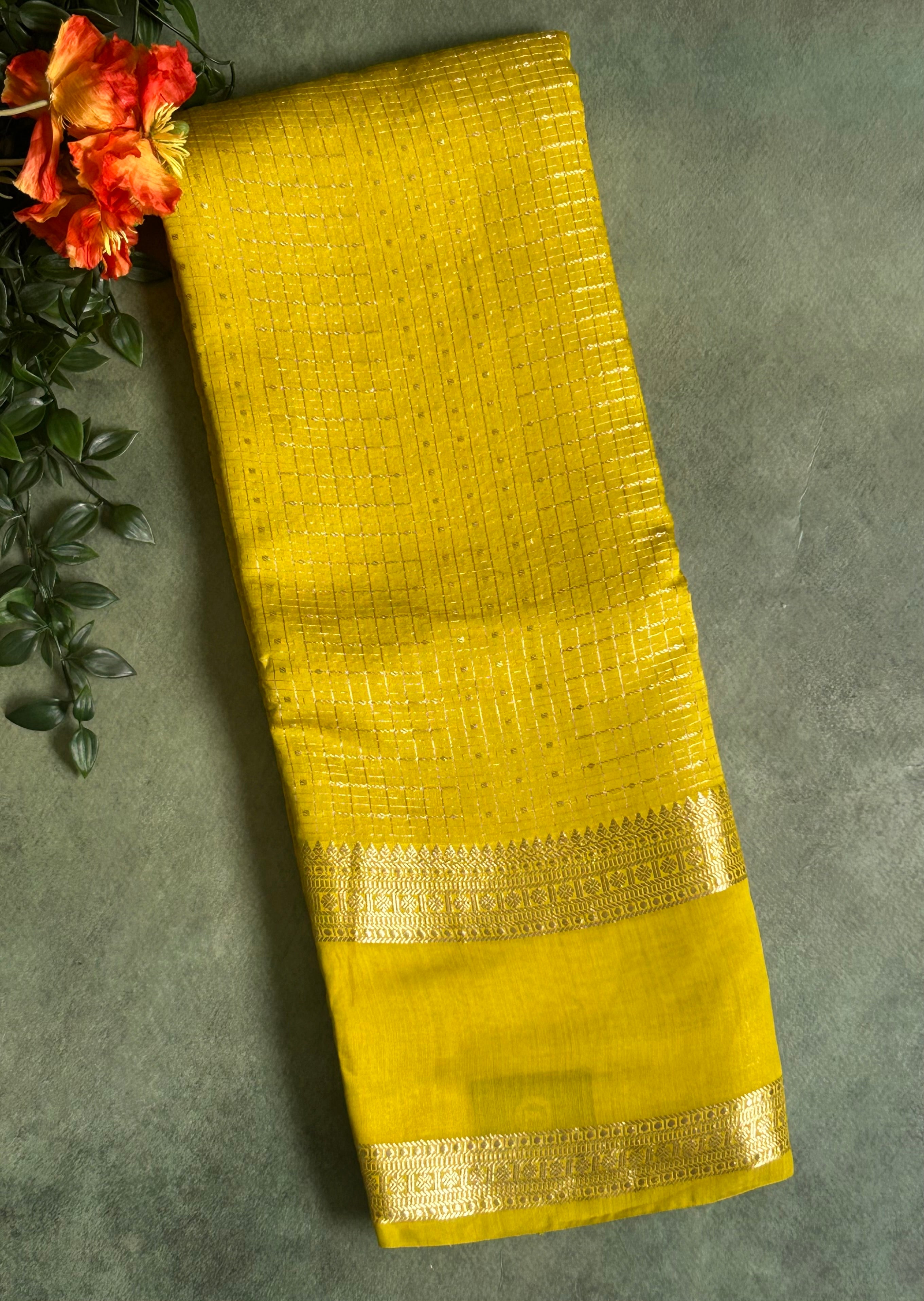 Neon yellow small checks soft Tussar 03 crepe saree