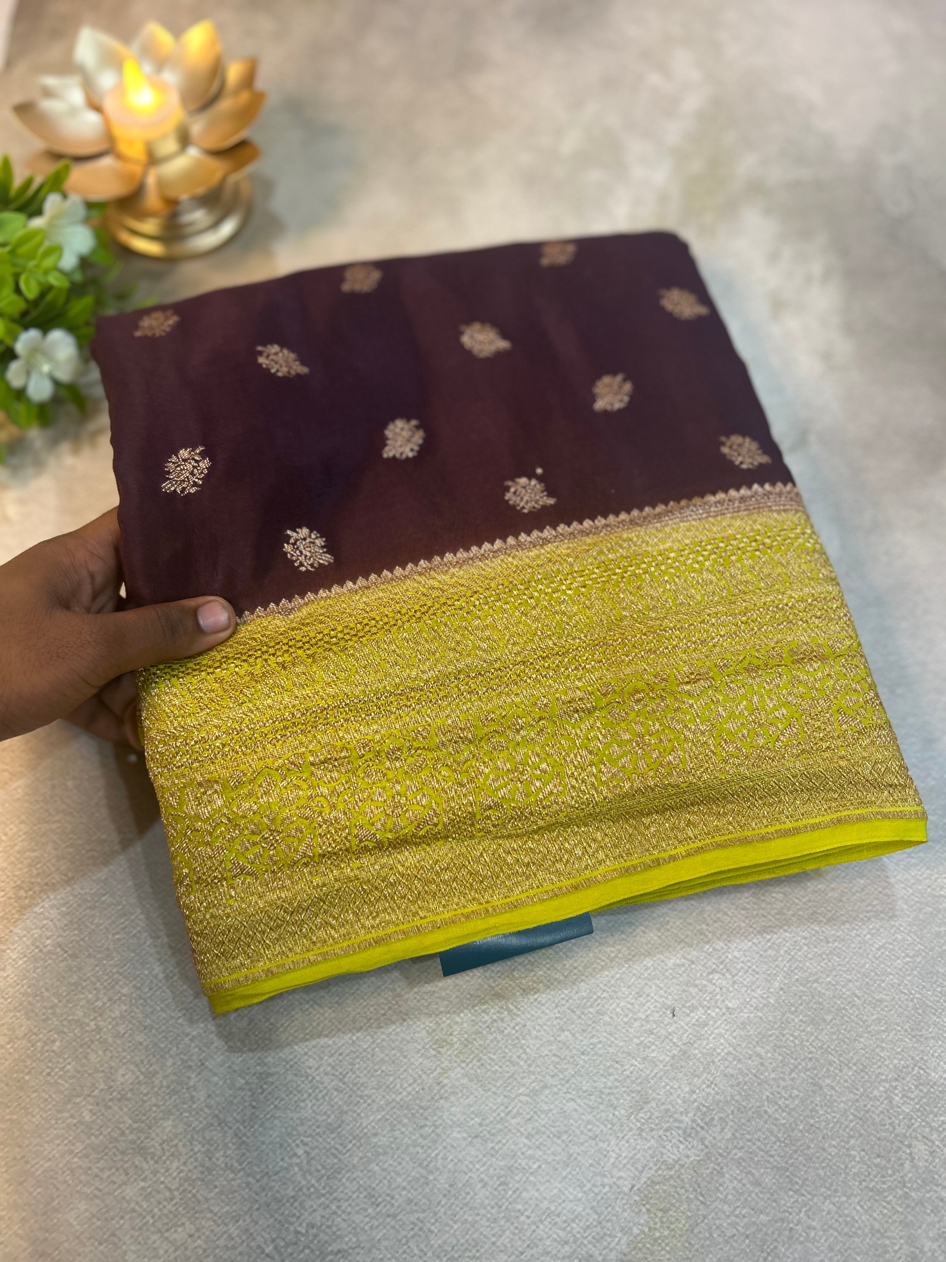 Brown n neon yellow small Butta pure banarasi crepe-10 silk saree