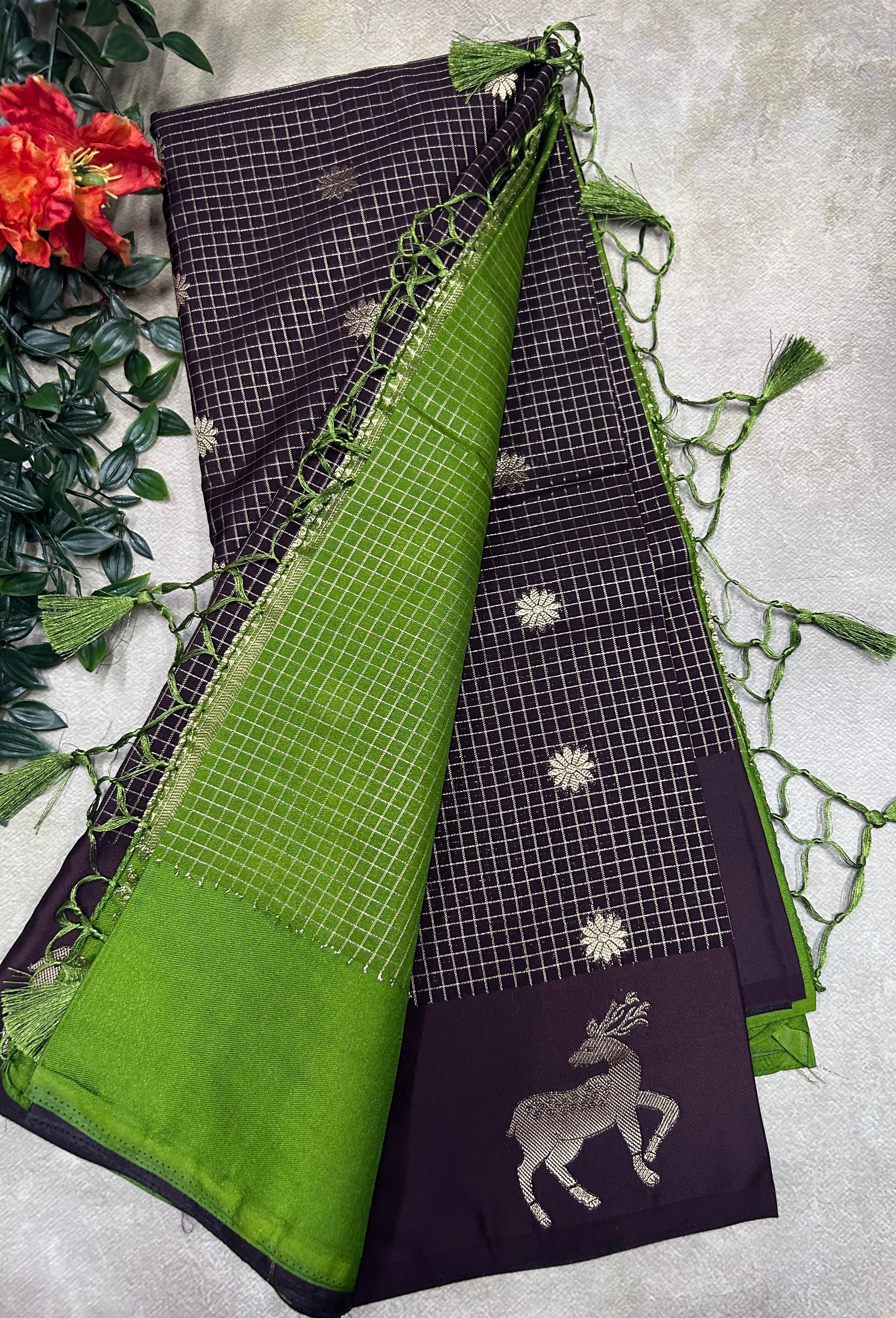 Dark brown small checks semi Mysore crepe saree(SMC106)
