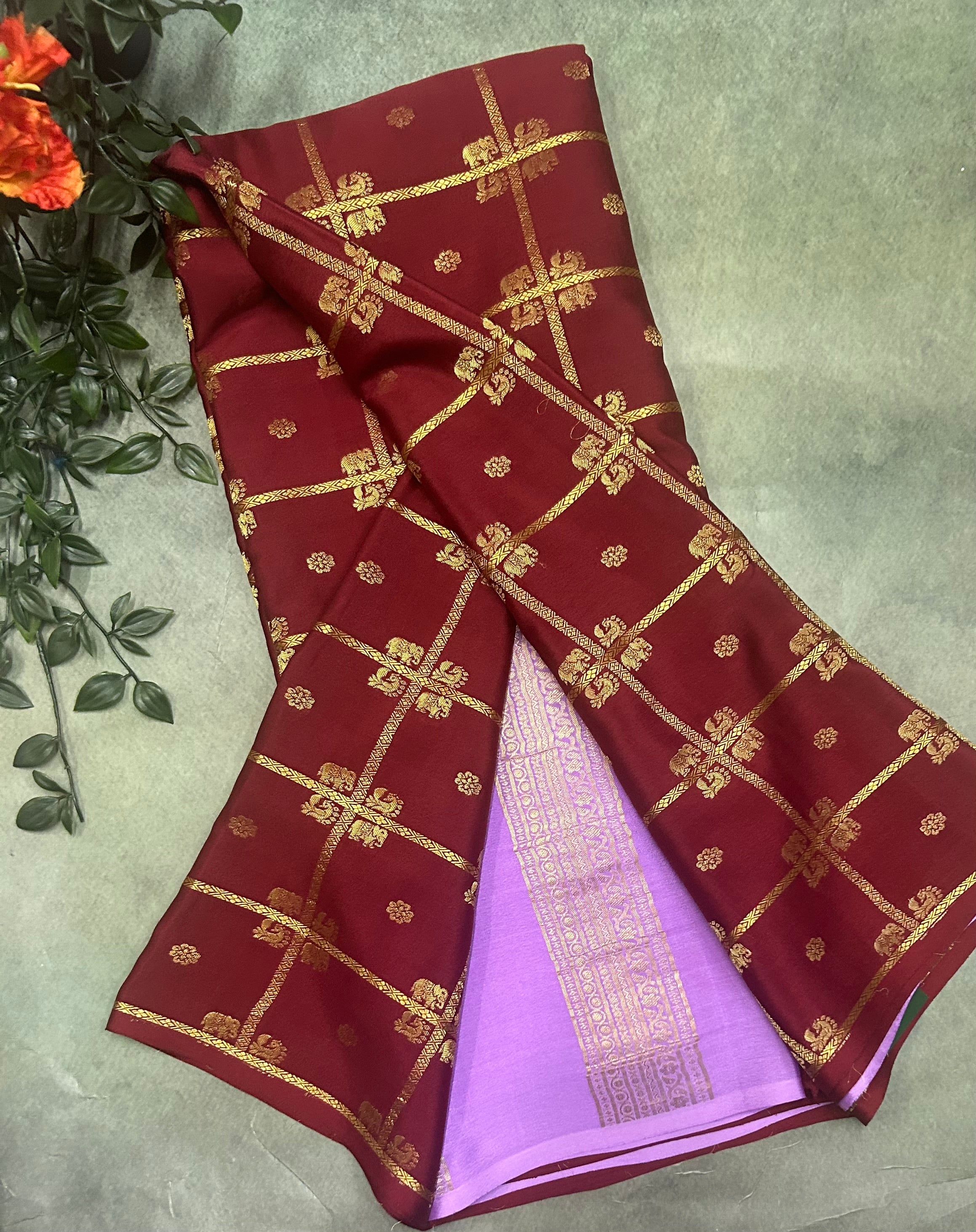 Maroon contrast ST checks borderless pure mysore silk-105 saree