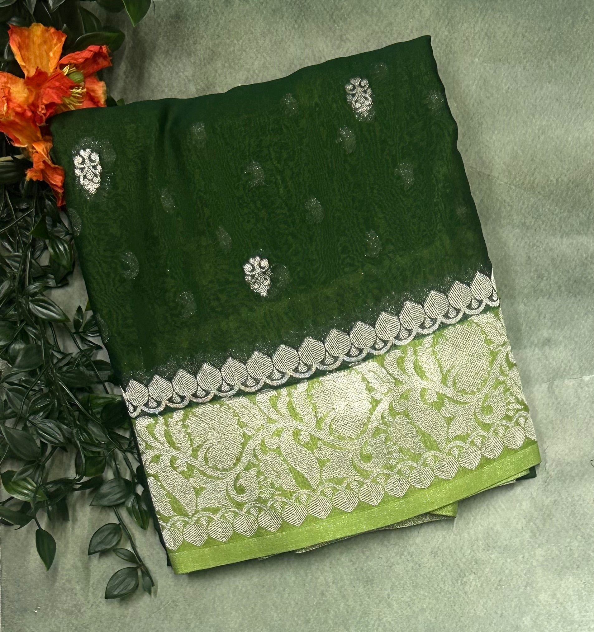 Bottle green small Butta semi chiffon Benarasi 105 saree