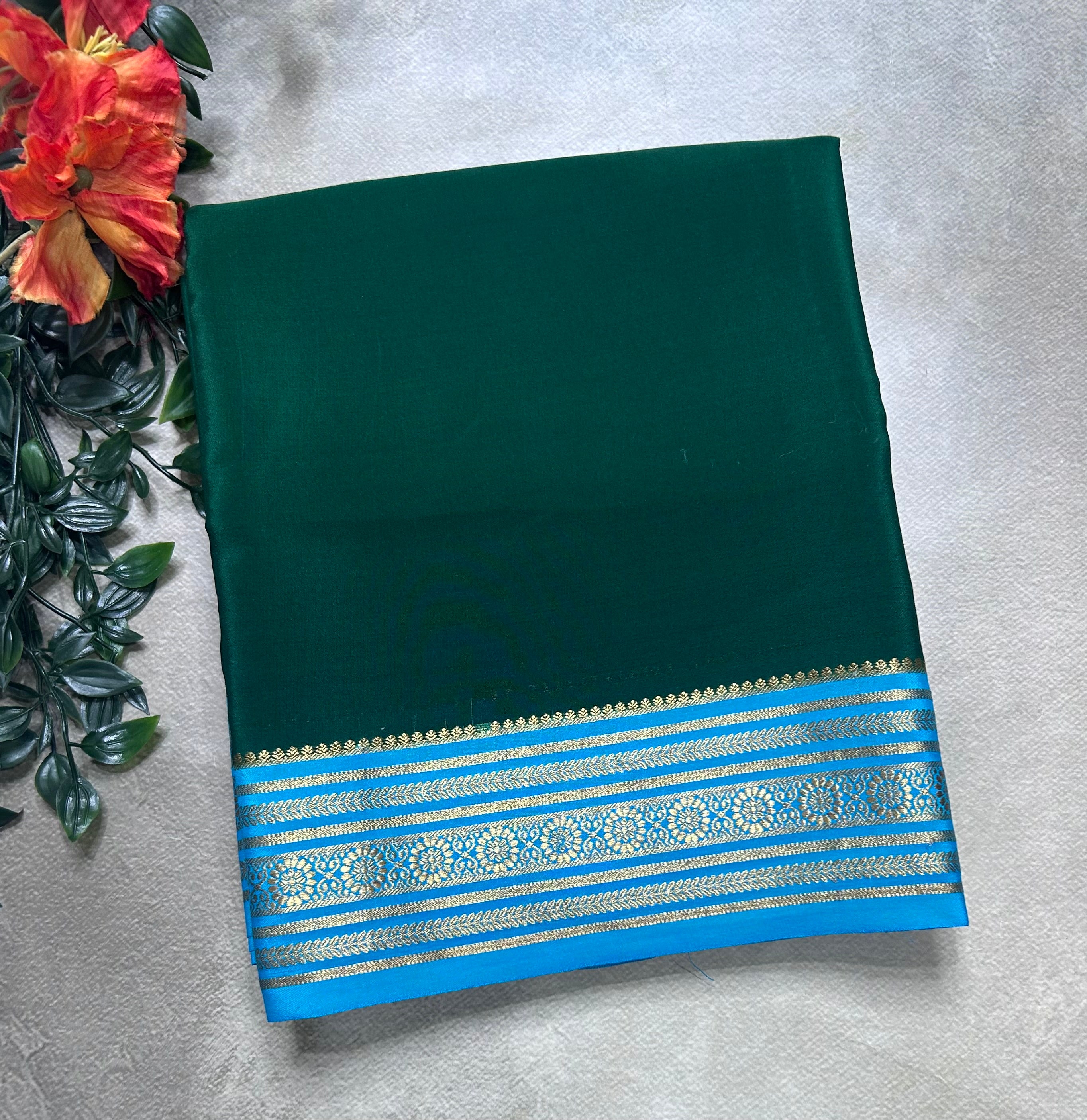 Bottle green small border pure mysore silk saree(MSC106)