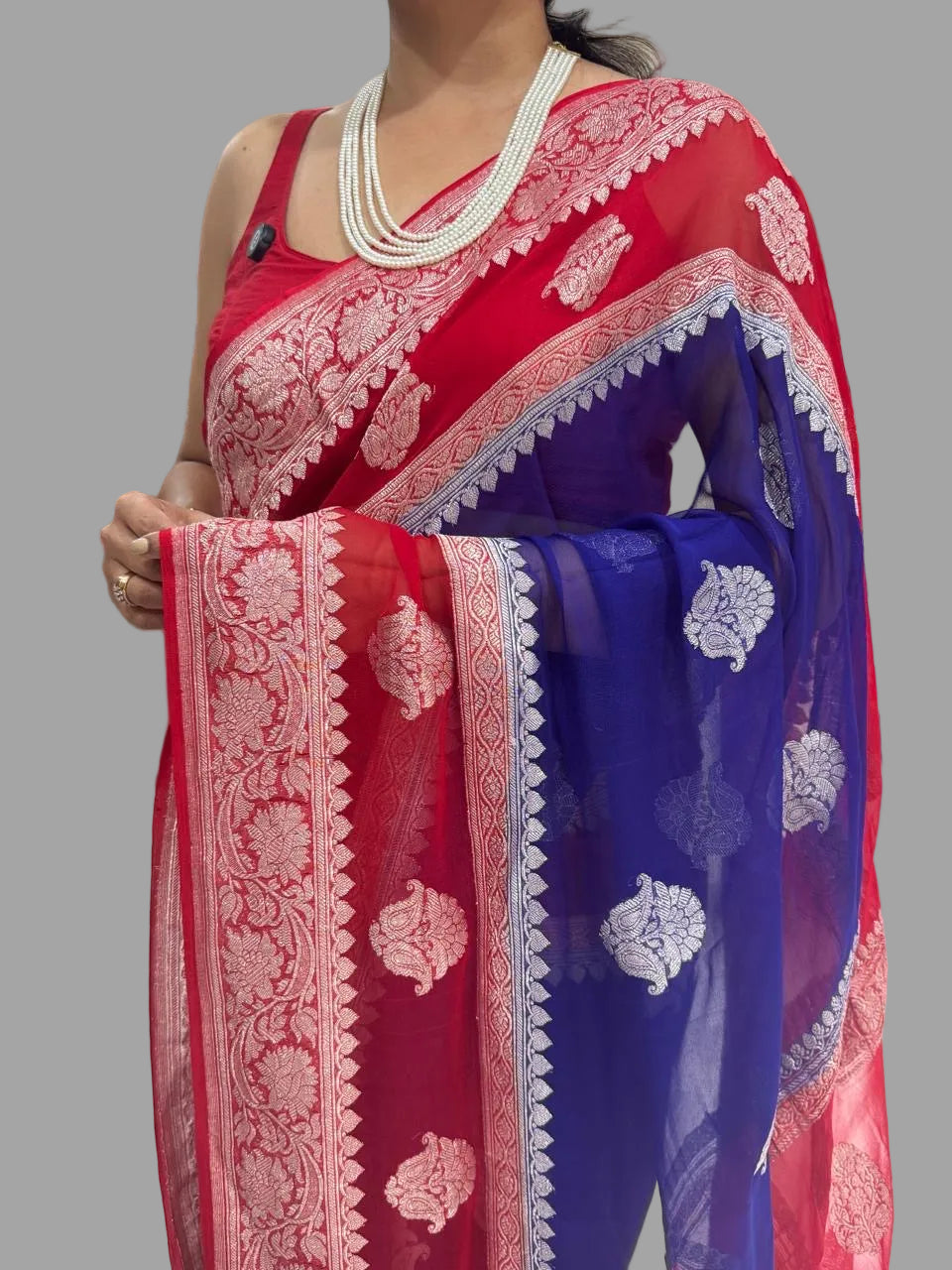 Blue n red benarasi double border pure chiffon saree