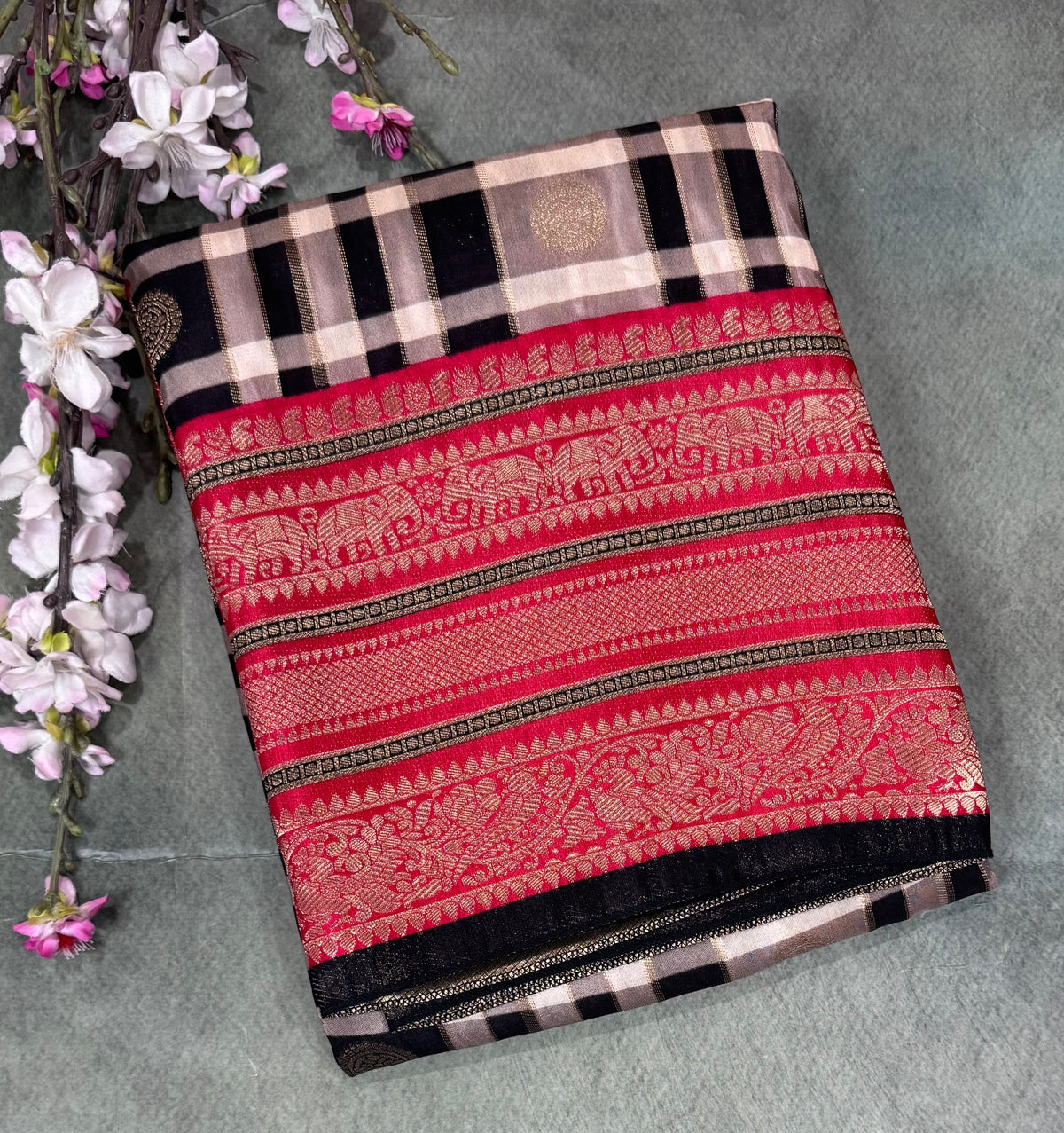 Black Checks Semi Crepe Saree 110