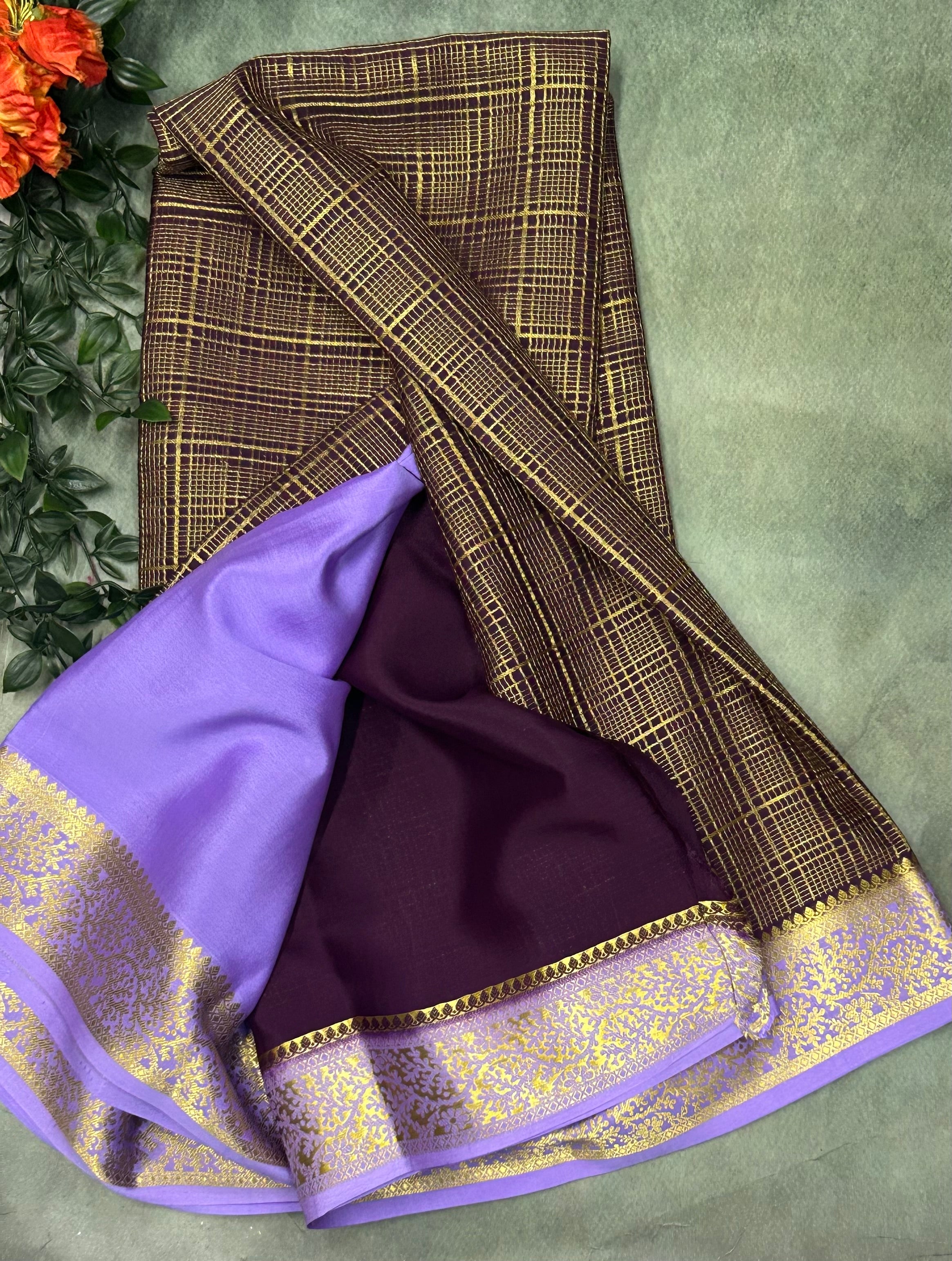 Brown n lilac checks brocade Pure Mysore silk crepe 103 Saree